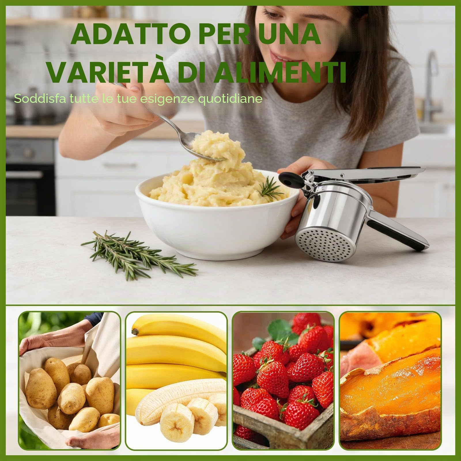 Schiacciapatate Acciaio Inox con 3 Setacci Spaetzle Intercambiabili per Purè di Patate Frutta Verdure