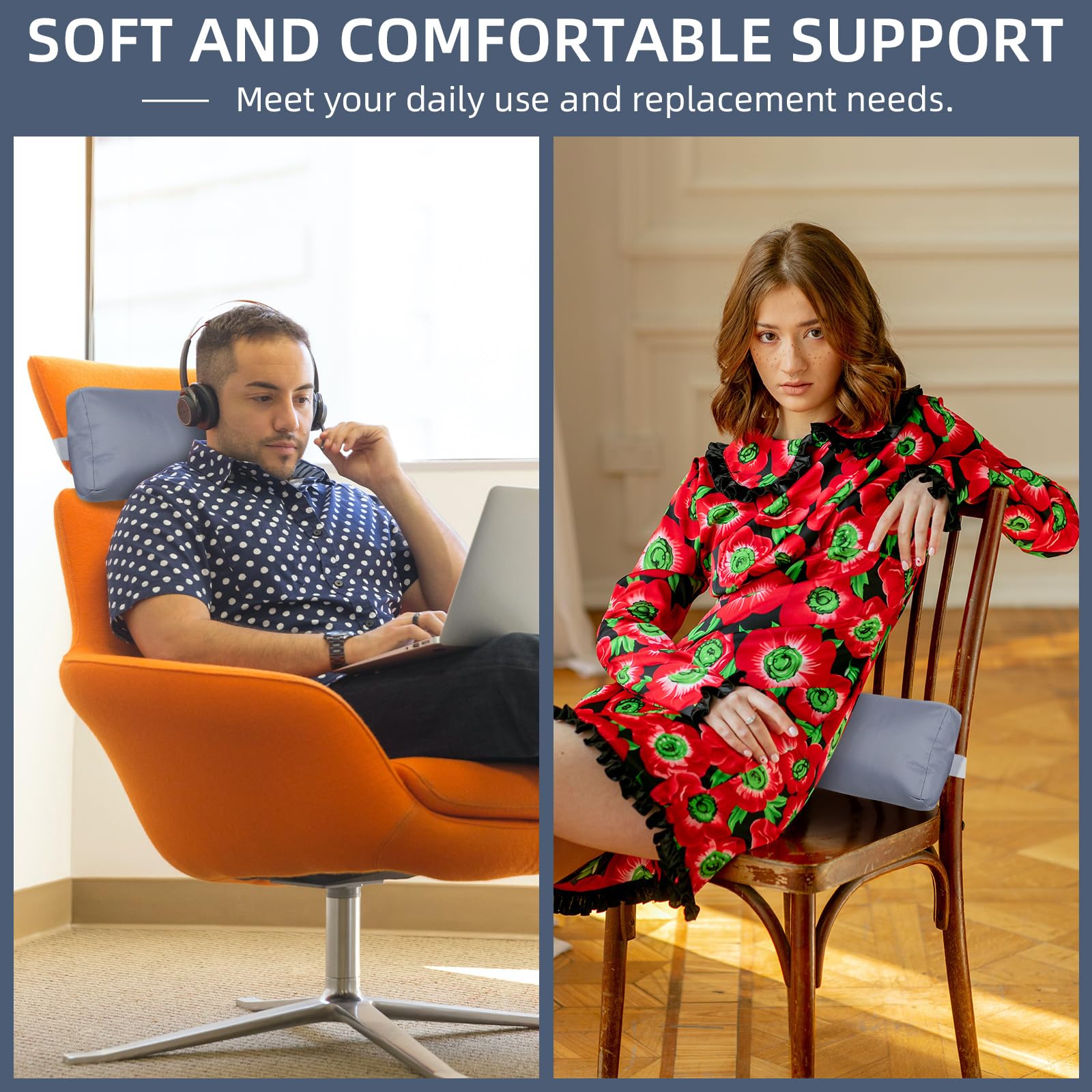 Rasugarlary Headrest Pillow for Patio Chaise Lounge Chair, Outdoor Chaise Pillows with Adjustable Elastic Stripe Head Resting Pillows for Recliner Office Chair, Dark Gray 2 Pack