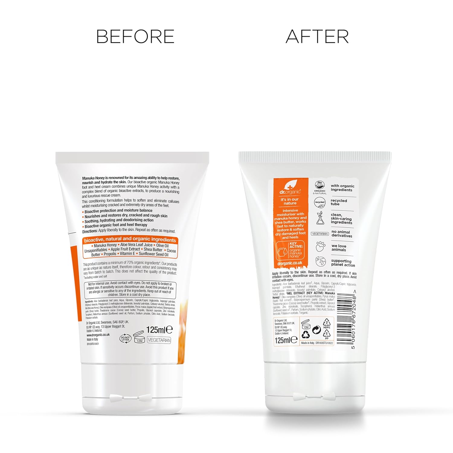 Dr Organic Manuka Honey Foot Cream, Moisturising, Dry Skin, Mens, Womens, Natural, Vegetarian, Cruelty-Free, Paraben & SLS-Free, Recycled & Recyclable, Organic, 125ml, Packaging may vary