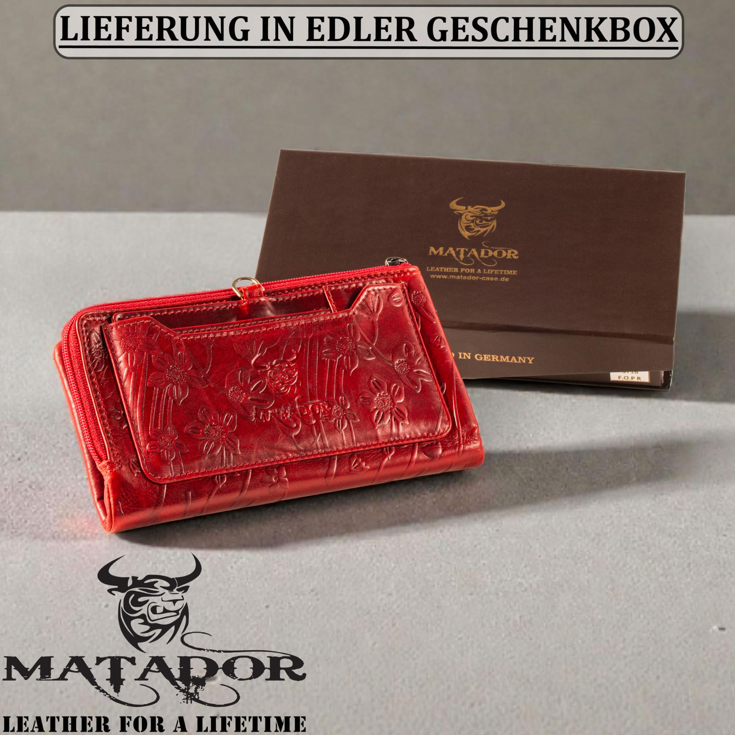 MATADOR Puebla Leder Portemonnaie Damen Mittelgroß | Geldbörse im Hochformat | RFID Geldbeutel mit Edler Geschenkverpackung | Blumen Rot