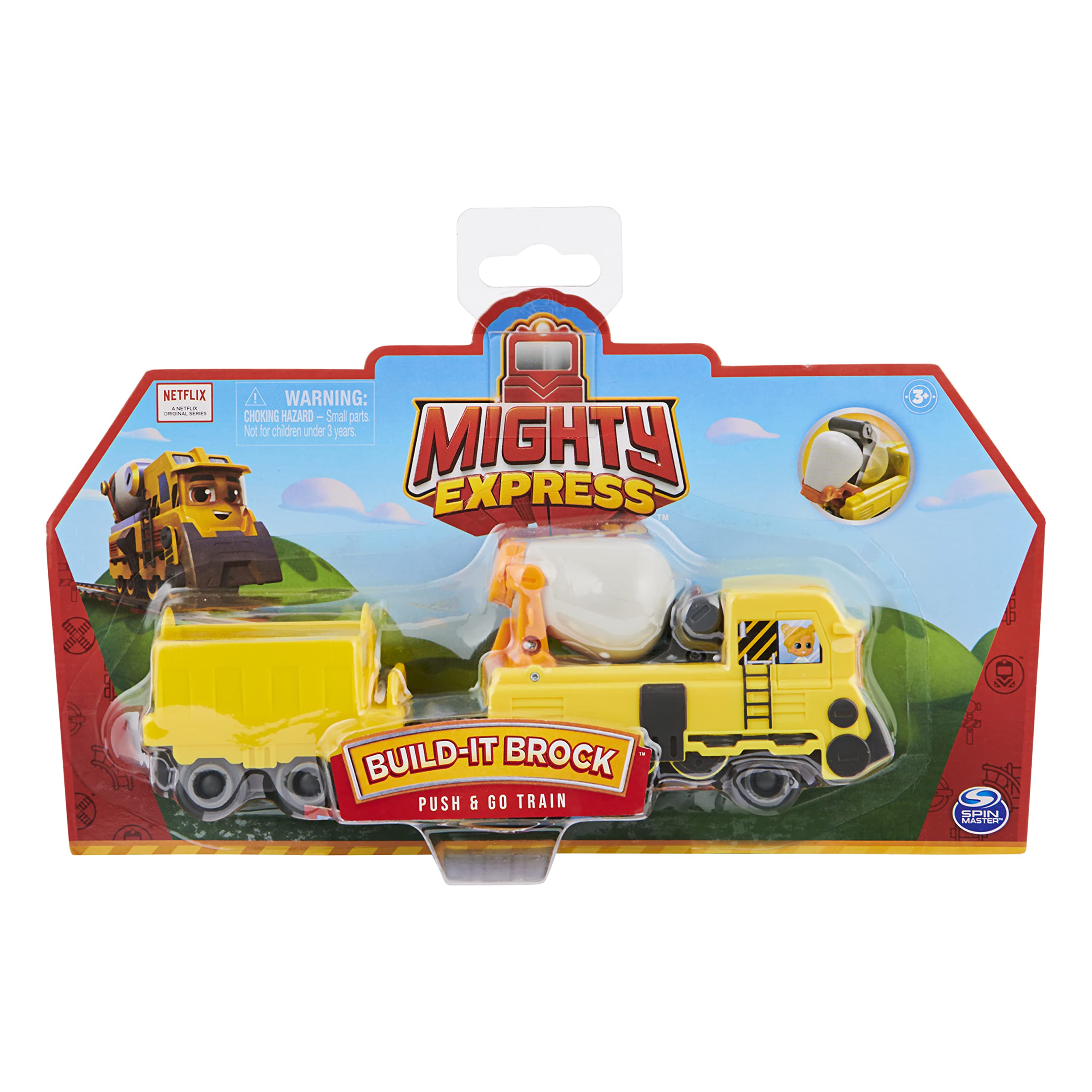 Mighty Express Push-and-Go Zug Build-es Bruno z wagonem towarowym - ręcznie obsługiwany pociąg do popularnego serialu telewizyjnego, od 3 lat