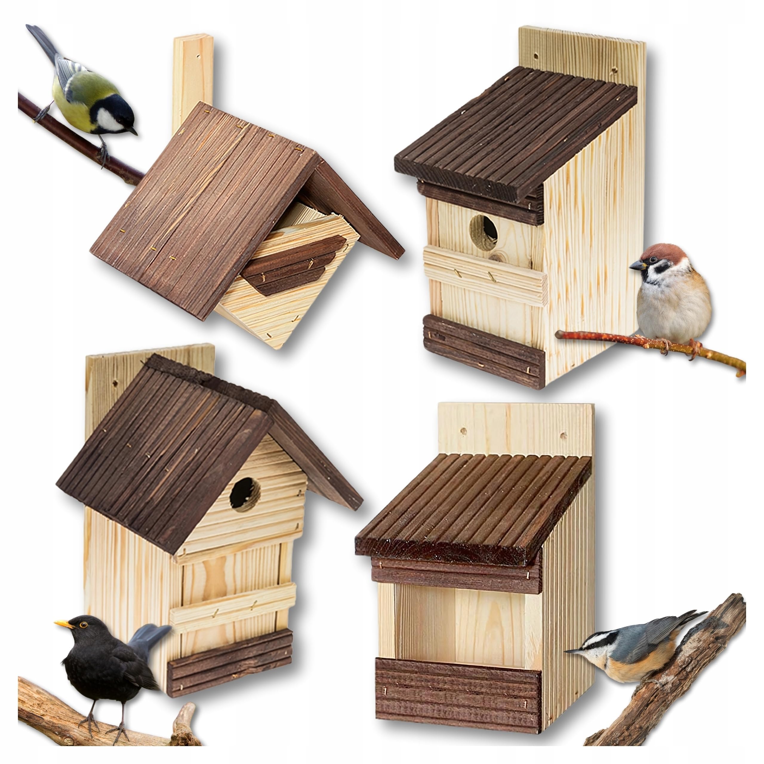 MAZUR 4X Vogelfutterhaus aus Holz Mix | Nistkasten | Vogelfutterspender | Vogelfutterstation | Vogelhaus | Vogelhäuschen | Wetterfest | Kleinvögel, Gartenvögel, Singvögel, Wildvögel