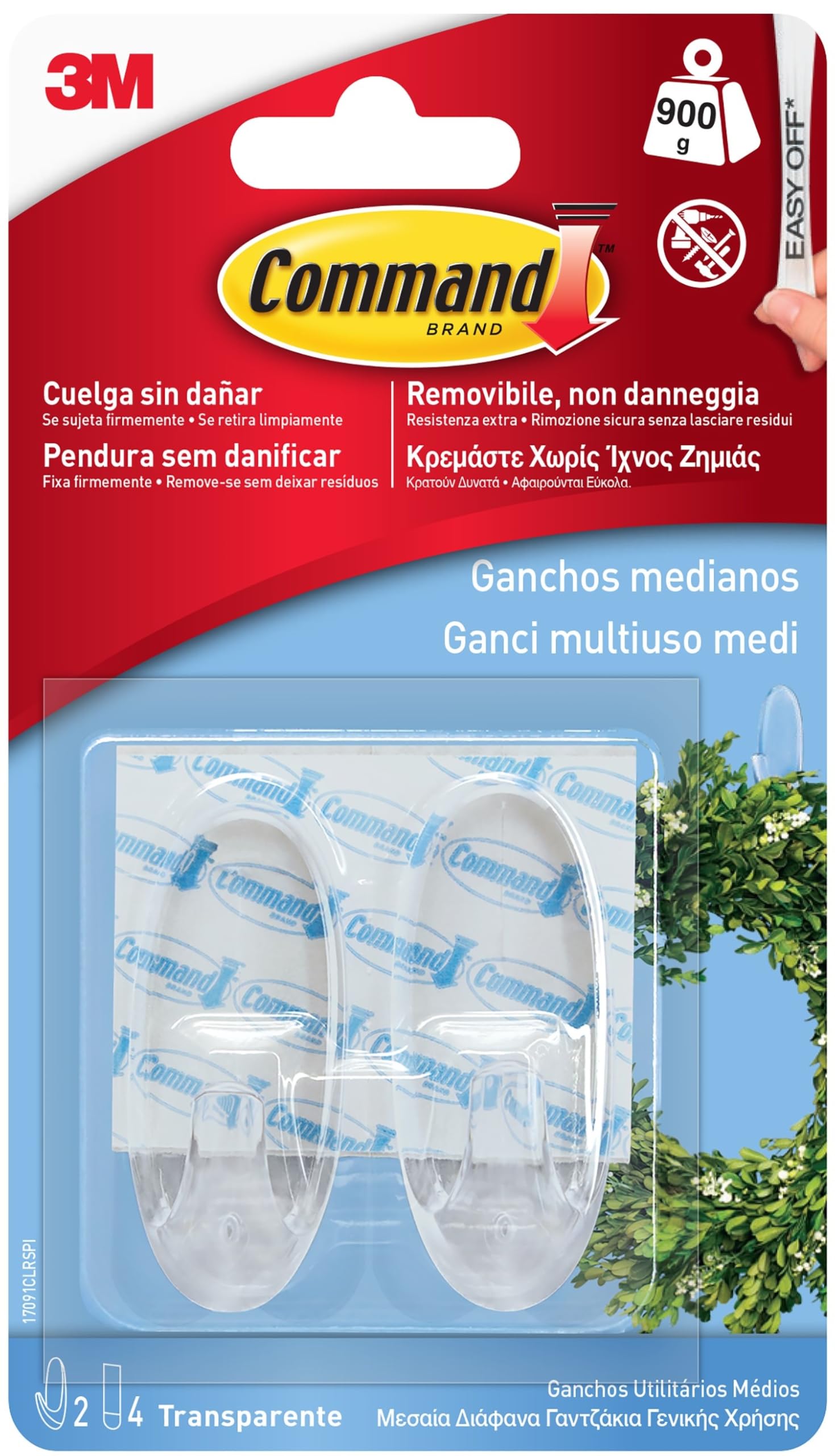 Command Ganchos Transparentes Medianos - 2 Ganchos y 4 Tiras Adhesivas - Para Colgar Luces y otros Adornos Sin Dejar Marcas y Sin Taladrar, Hasta 900g