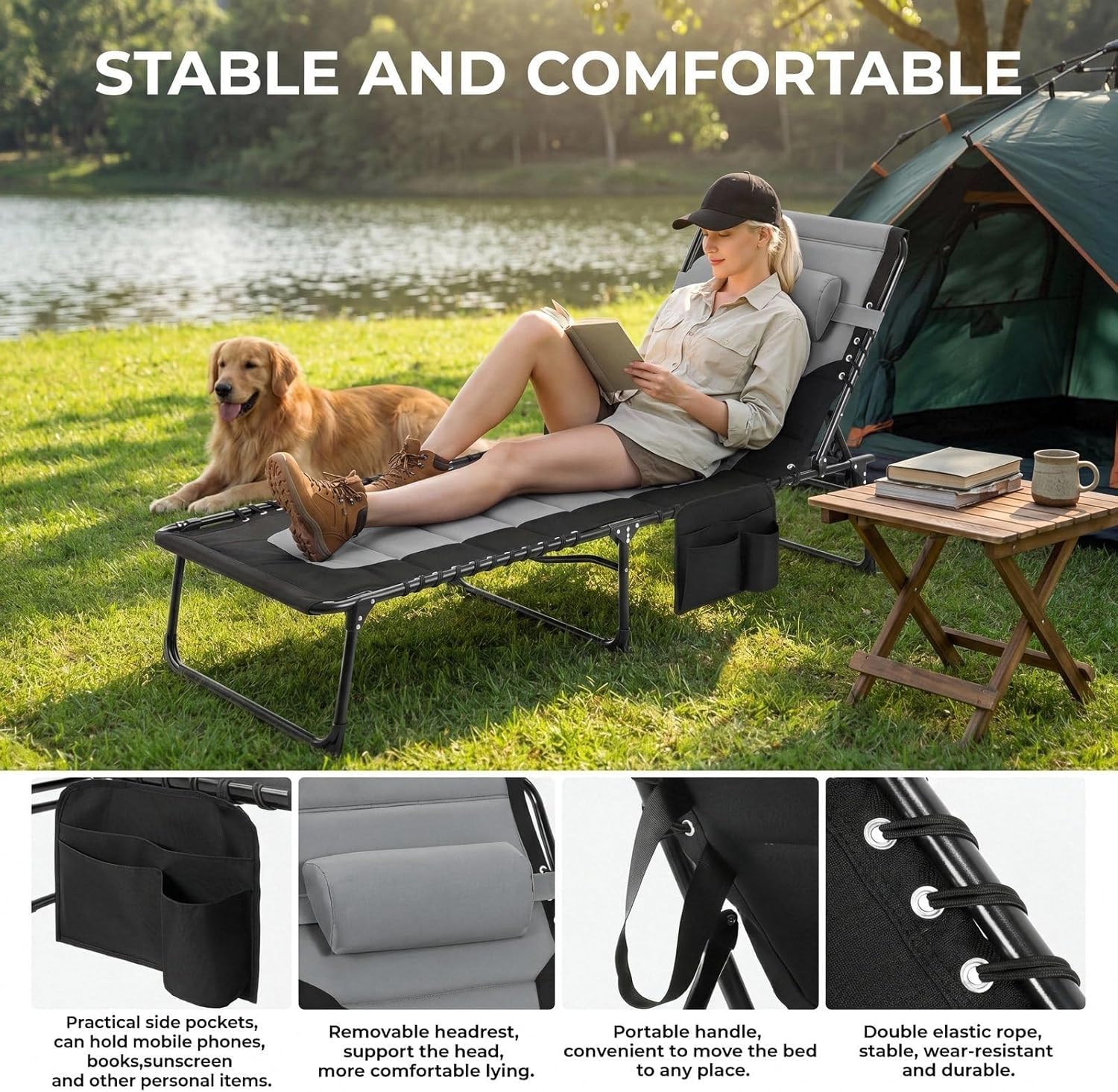 Clevich XXL Liegestuhl klappbar, 199×66 cm Übergroße Sonnenliege mit 5-Fach Verstellbarer Rückenlehne, Gartenliege mit Kopfkissen & Seitentasche, Campingliege bis 150 kg für Strand, Pool