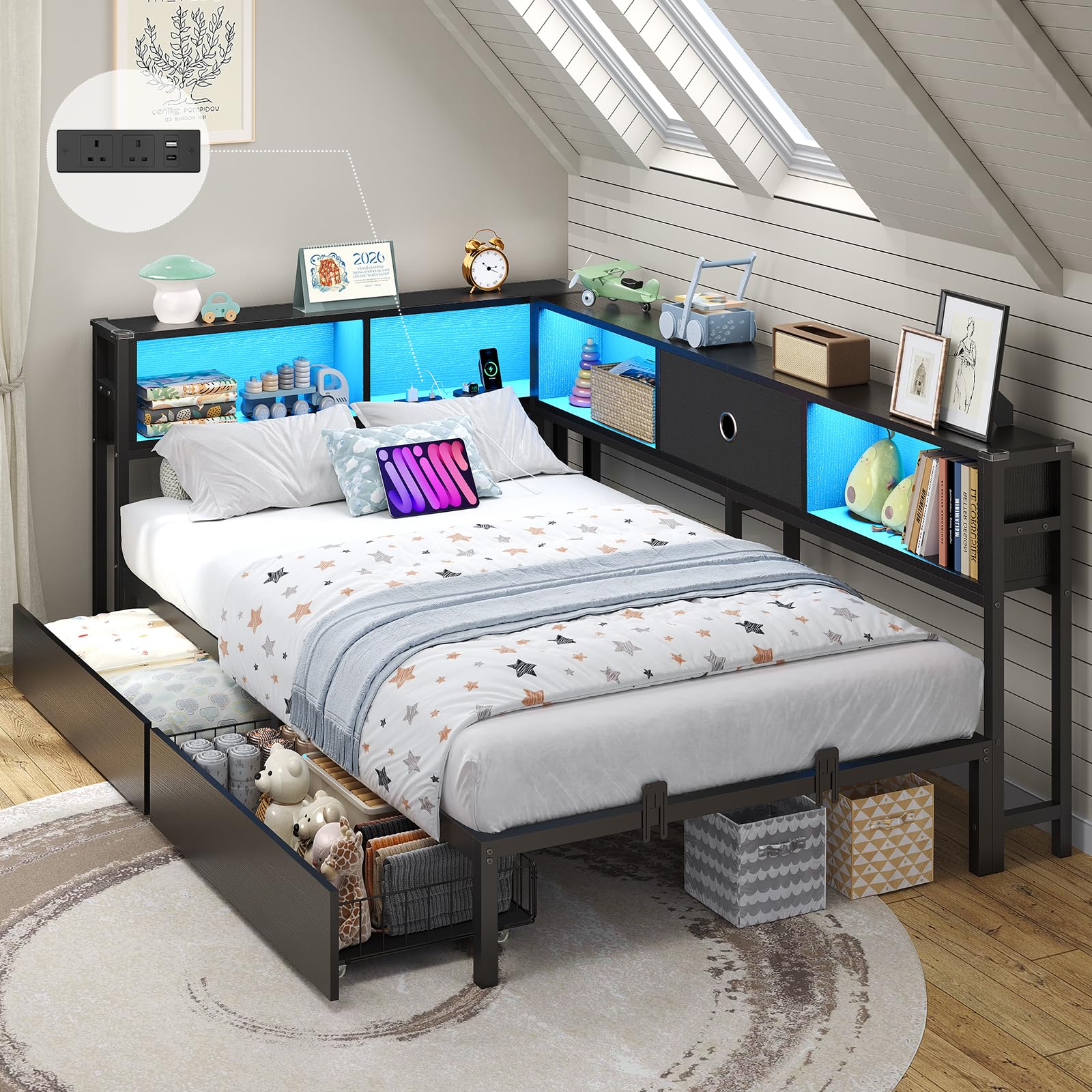 DICTAC 3ft Single Bed 90x190 with 2 Storage Drawers, Single Storage bed with LED Lights & Charging Station, Day Bed with Storage, Black LED Corner Bed–L-Shaped Space-Saving Single Bed Frame, Modern