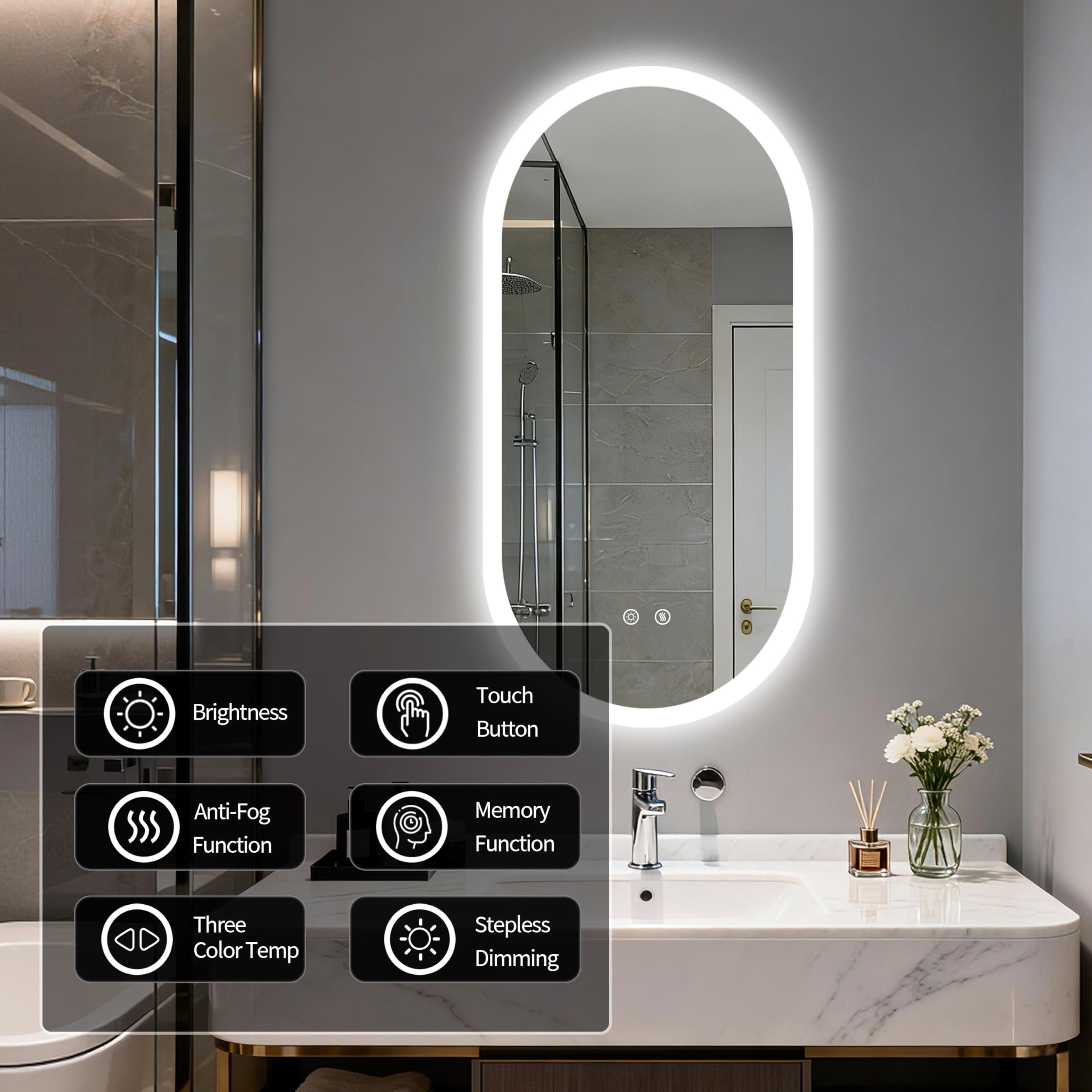 LUVODI Espejo Baño con Luz Led Ovalado 100 x 50 cm Espejos de Baño Antivaho con Luz Retroiluminado Regulable Espejo Moderno Inteligente con 2 Interruptor Tactil Función de Memoria y Impermeable IP66