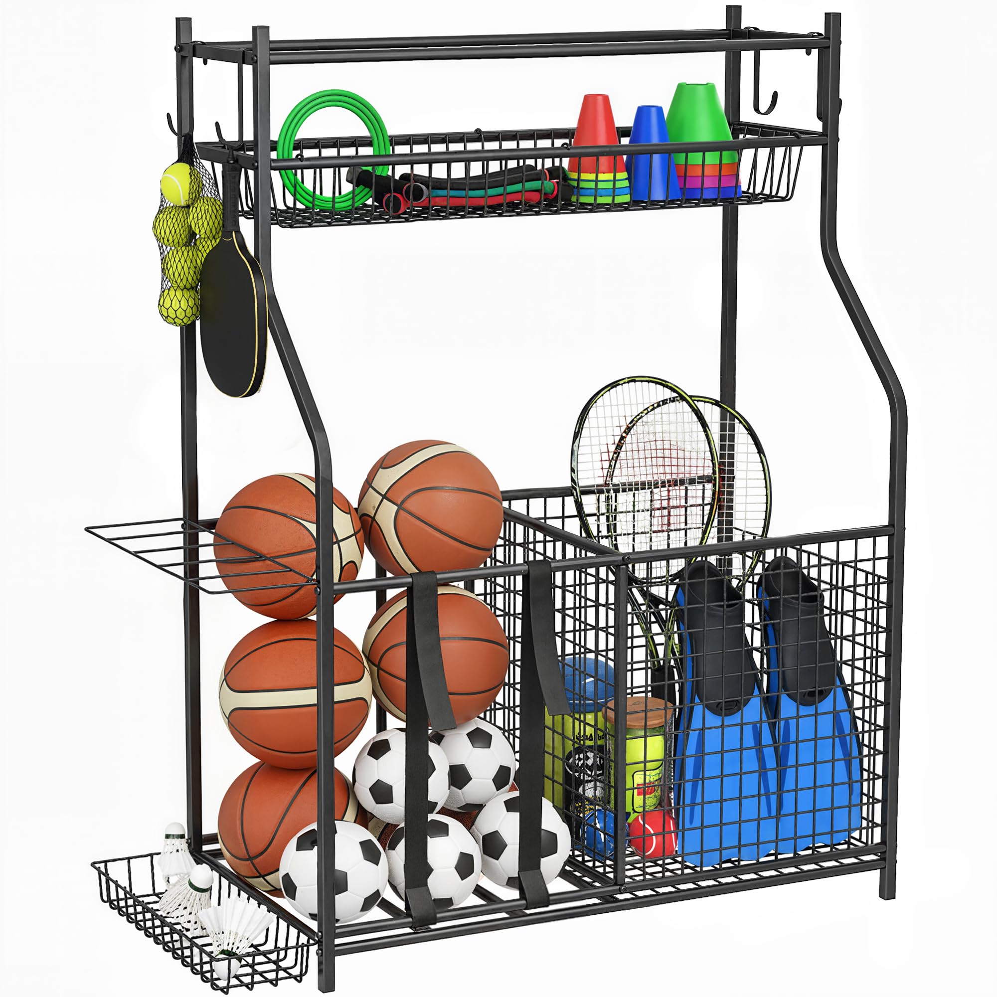 SPORTNOW Rangement d'Équipements de Sport, Organisateur d'Équipements de Sport pour Balles, Jouets avec Paniers, Crochets Amovibles, Sangles Élastiques, pour Intérieur, Extérieur, École, Garage, Noir