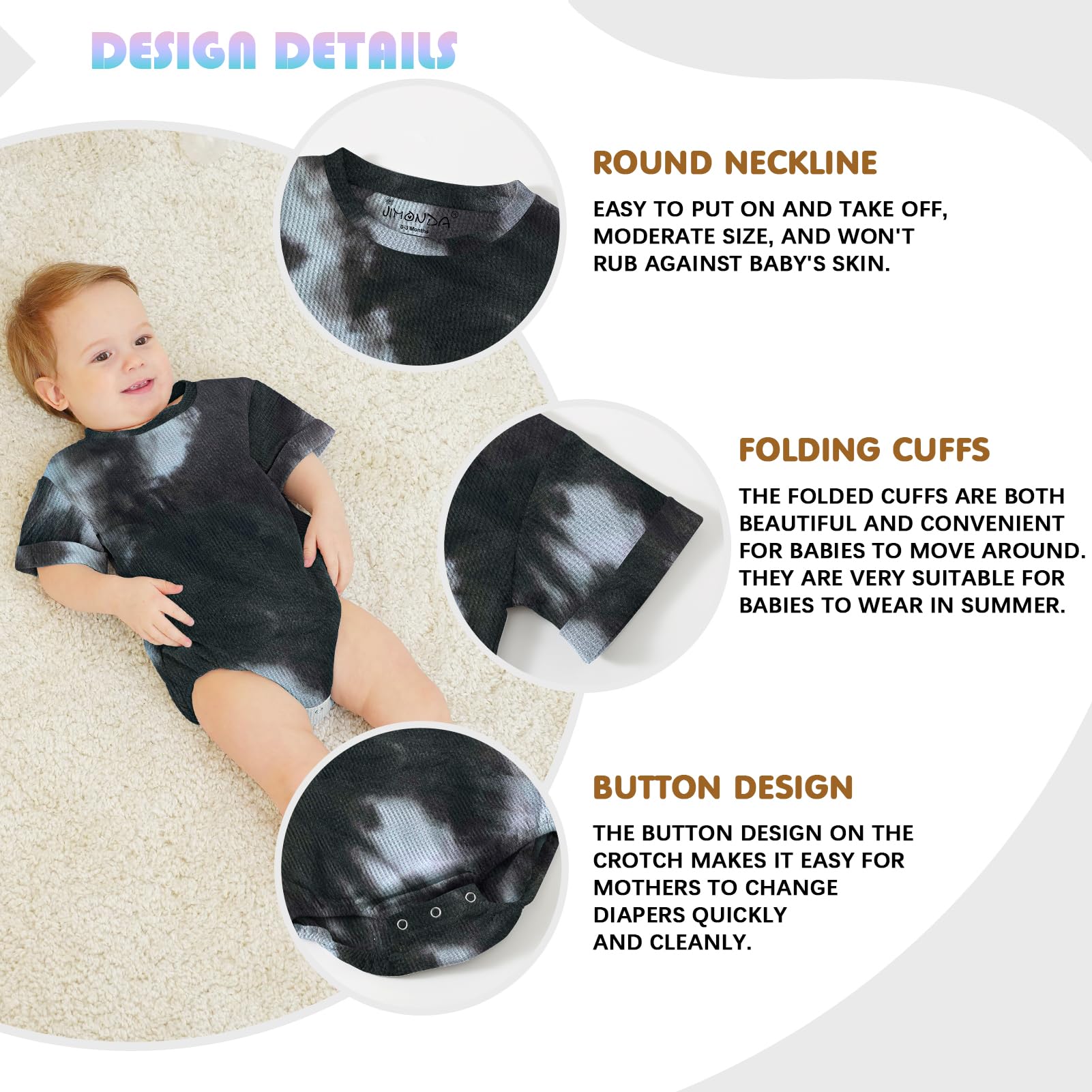 Jimonda Baby Bodysuit Newborn Tie Dye Clothes Infant Waffle One Piece Romper Baby Boys Girls Short Sleeve Jumpsuit Outfits