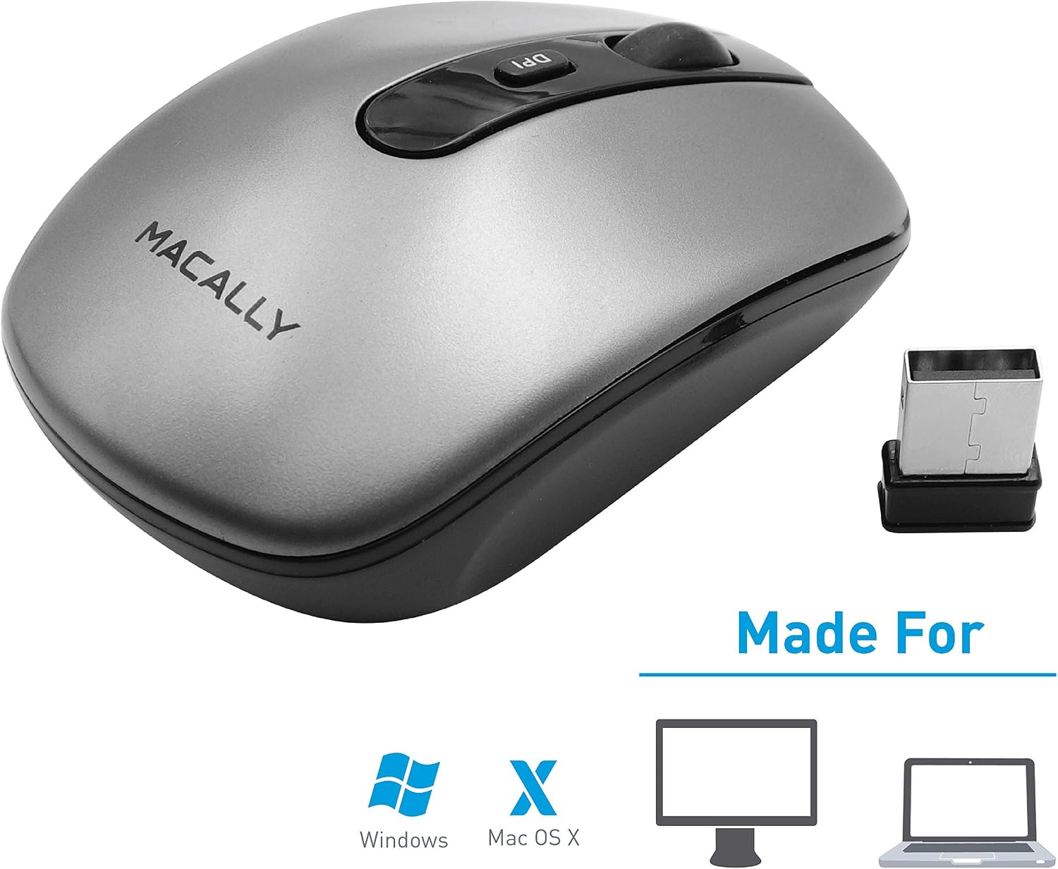 Macally Rechargeable Wireless Mouse with 3 Button, Smooth Scroll Wheel, 3 Adjustable DPI, 2.4G Dongle Receiver, Compatible with Windows PC Laptop Computer, Apple MacBook Pro/Air, iMac, Mac Mini, etc.