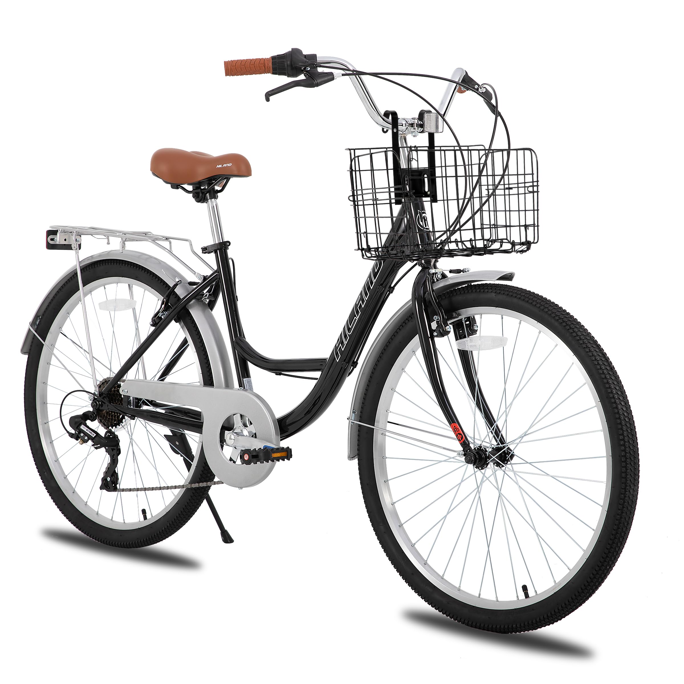 Hiland 26 Zoll Cityräder für Erwachsene, Step-Through Rahmen Damenfahrrad mit Gepäckträger&Korb, Herren und Damen 7 Gang-Schaltung Hollandfahrrad Citybike, City-Pendlerfahrrad für Männer