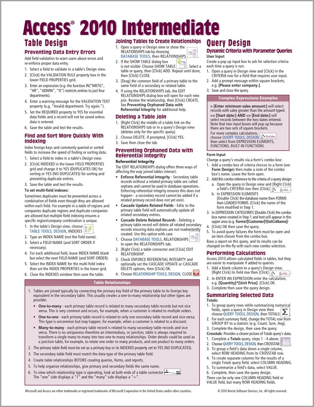 Microsoft Access 2010 Intermediate Quick Reference Guide (Cheat Sheet of Instructions, Tips & Shortcuts - Laminated Card)