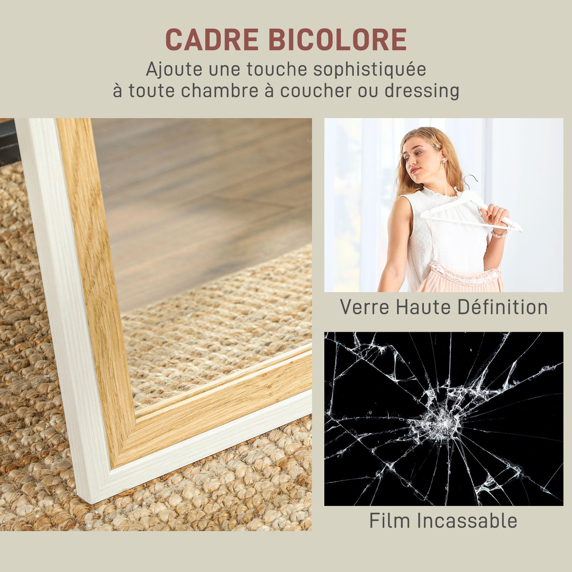 HOMCOM Specchio da pavimento completo, lunghezza 157 x 37 cm, specchio su piedistallo rettangolare con telaio in effetto legno, montaggio a pavimento, sospeso o appoggiato contro la parete, per