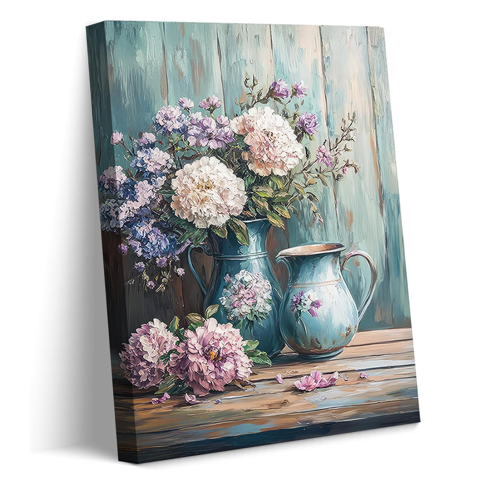 Qenundme Framed Vase Flower Canvas Wall Art Antique Blue Vases Overflowing with Peonies Hydrangeas on Distressed Teal Wooden Backdrop Painting Print for Living Room Bedroom Decor 16x24in