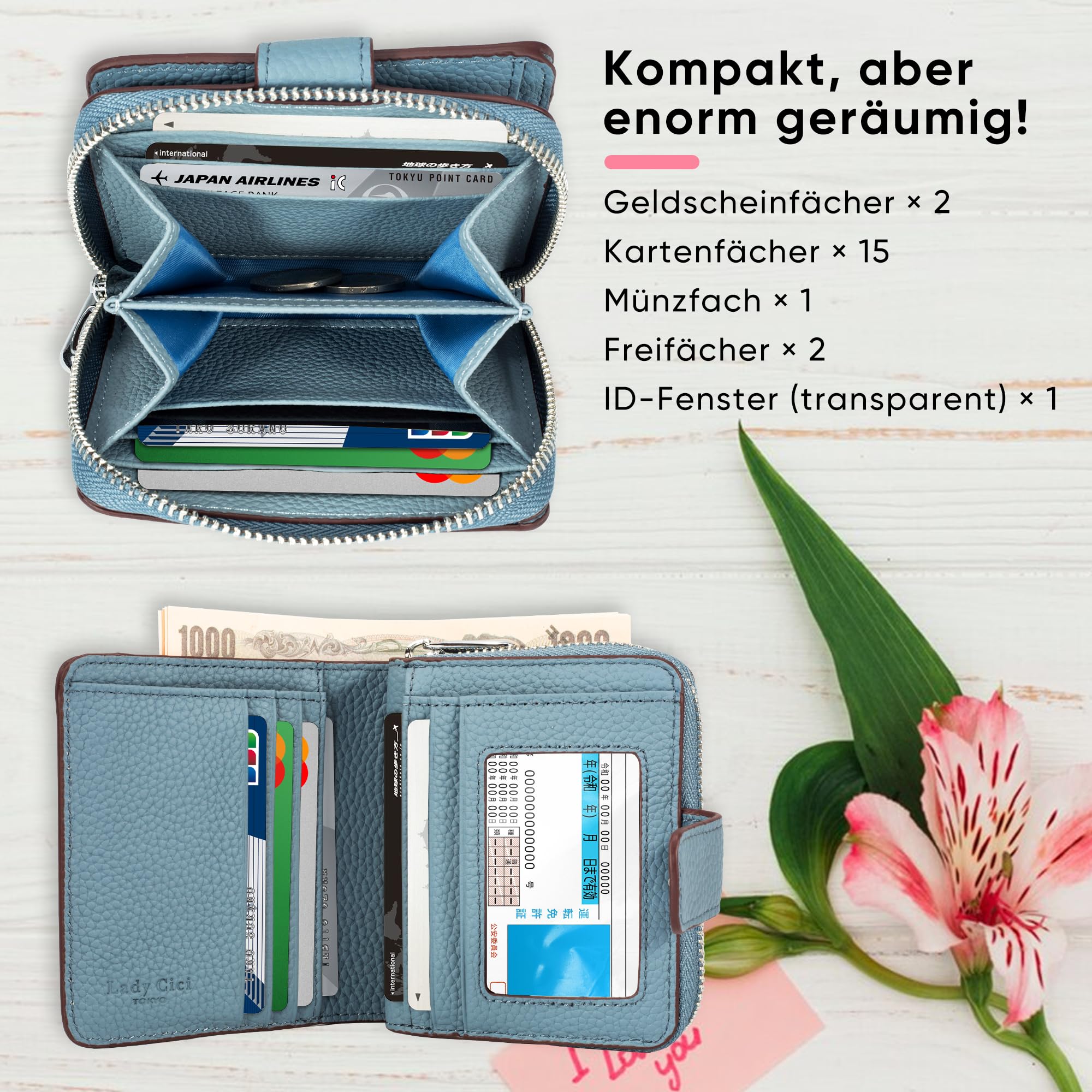 Geldbörse Damen mittelgroß aus Echtem Leder Slim RFID Portemonnaie mit 15 Kartenfächern und Münzfach Portmonee als Geschenkidee(Graublau)