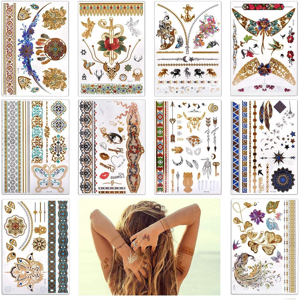 Lady Up 10 Large Sheet +75 Designs Metallic Temporary Tattoos for Women- Jewellery Temporary Tattoo & Indian Body Art Henna Gold Silver (color gold)