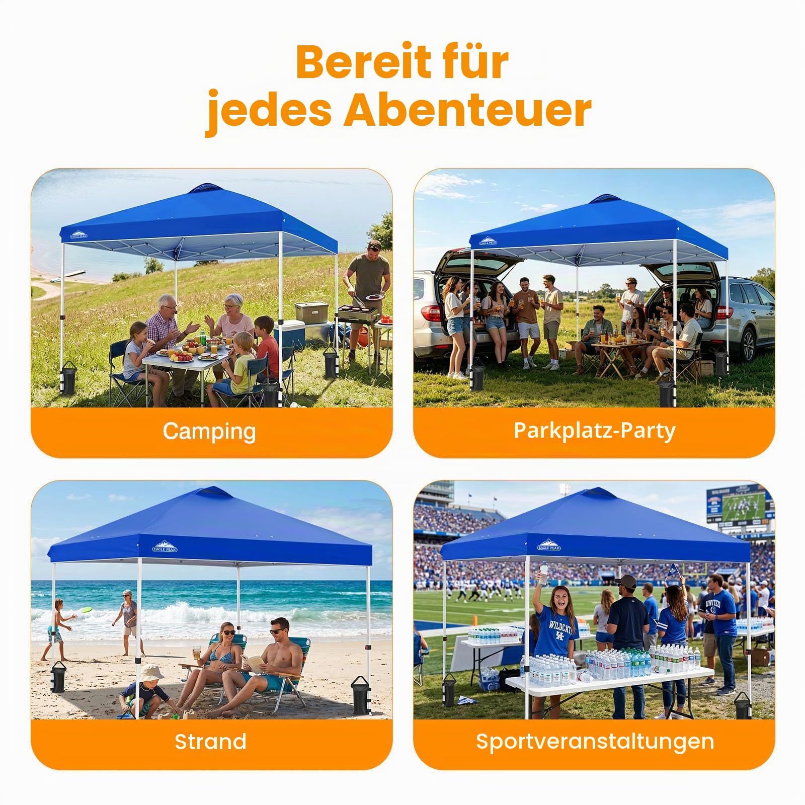 EAGLE PEAK Aufstellbarer Pavillon mit rollbarer Tragetasche, 8 Erdheringen, 4 Seilen, 4 Gewichtsacken, einfach aufzubauen, 3x3 m, 9 m² Schattenfläche, Blau | PeakPush™-Zentralverriegelung, 1-Person-Aufbau, tragbares Falt-Zelt für Strand, Märkte, Camping &