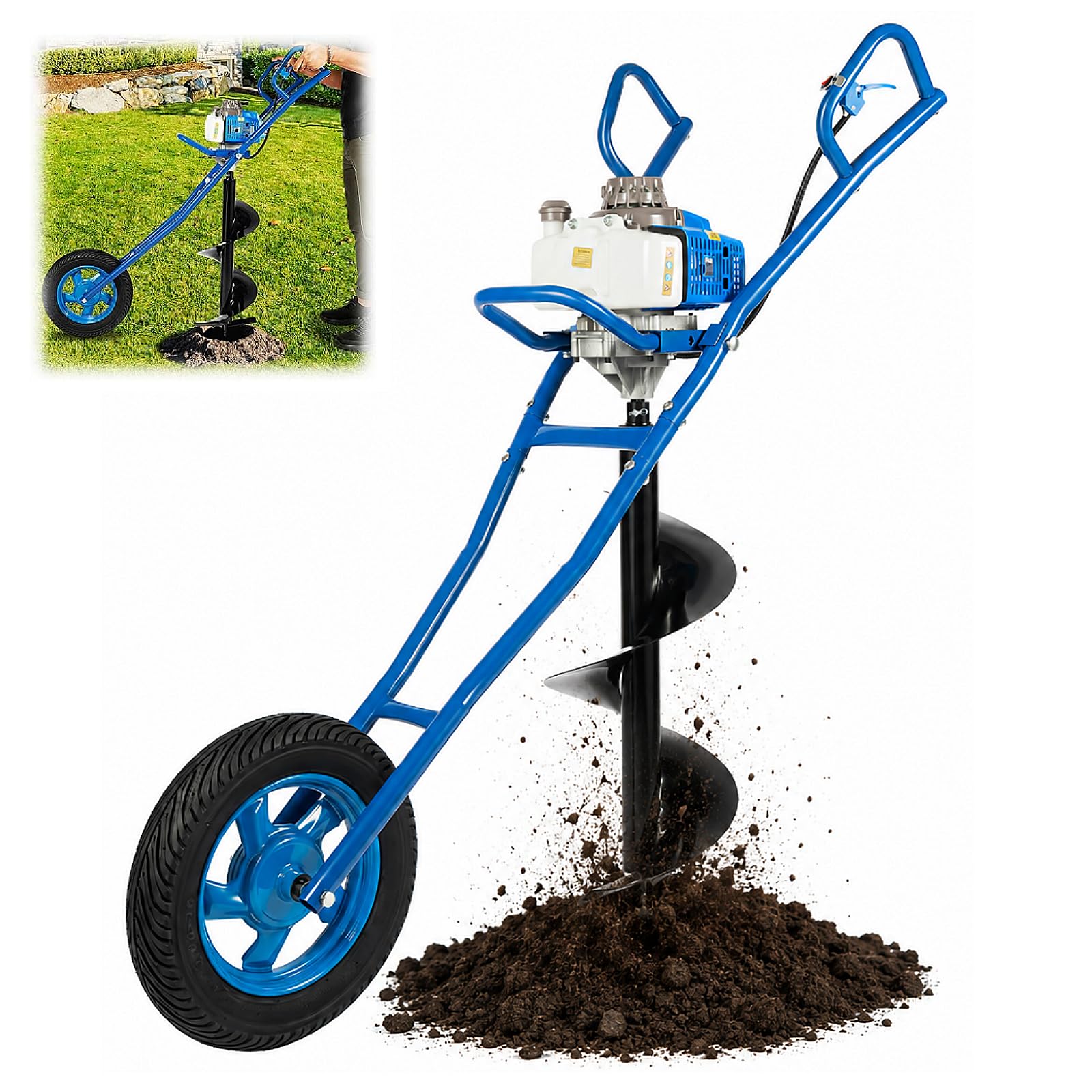 Trivella per Terreno 63CC 2,2KW Trivella A Scoppio con 300mm Punta Motore A 2 Tempi A Spinta Mototrivella A Scoppio con Silenziatore Aggiornamento Trivellas A Mano (Blu)