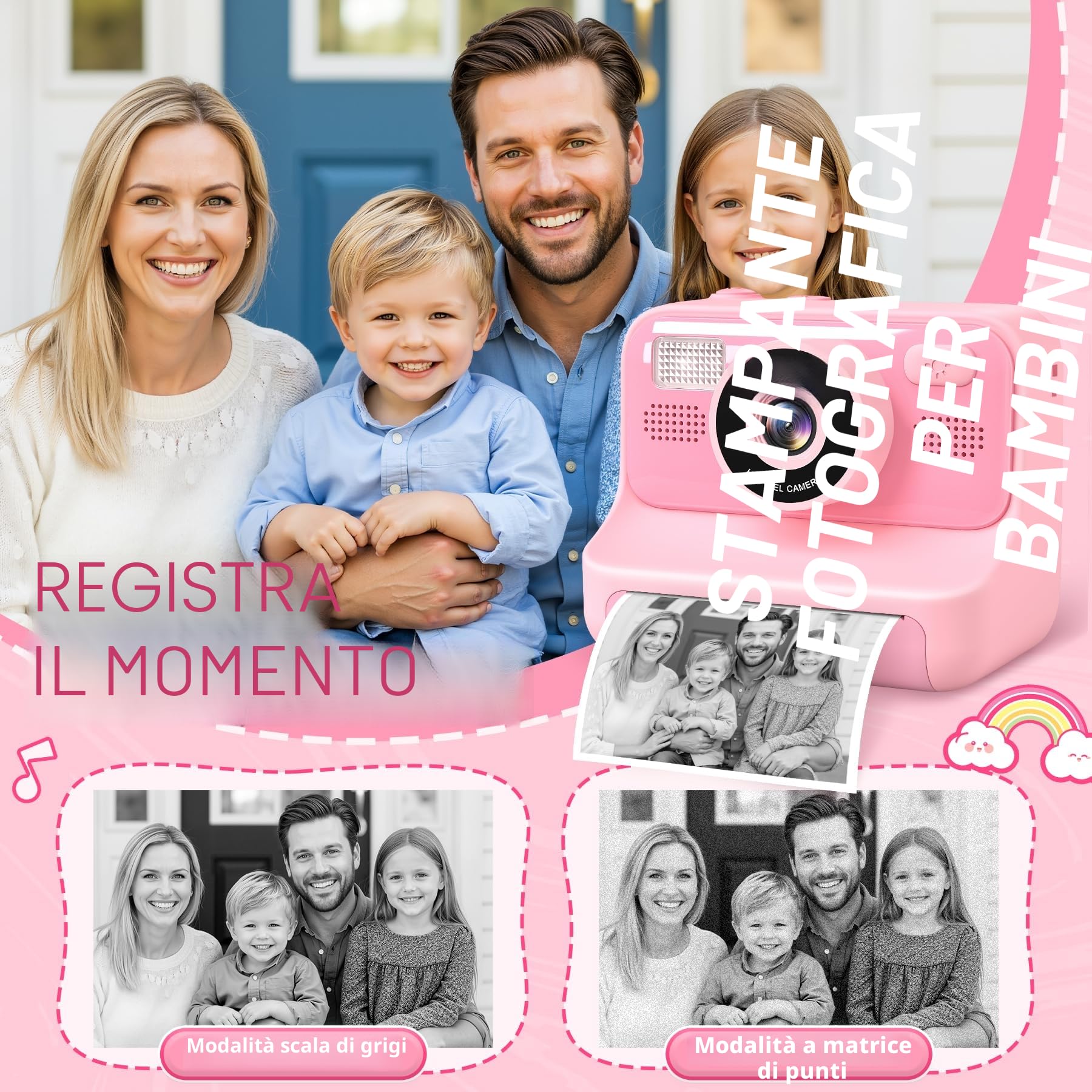 Macchina Fotografica Bambini, 2.4" HD Selfie Fotocamera Bambini con Scheda da 32 GB e 3 Rotoli di Carta da Stampa, Giochi Regalo Natale bambini bambino Nero digitale(Rosa)
