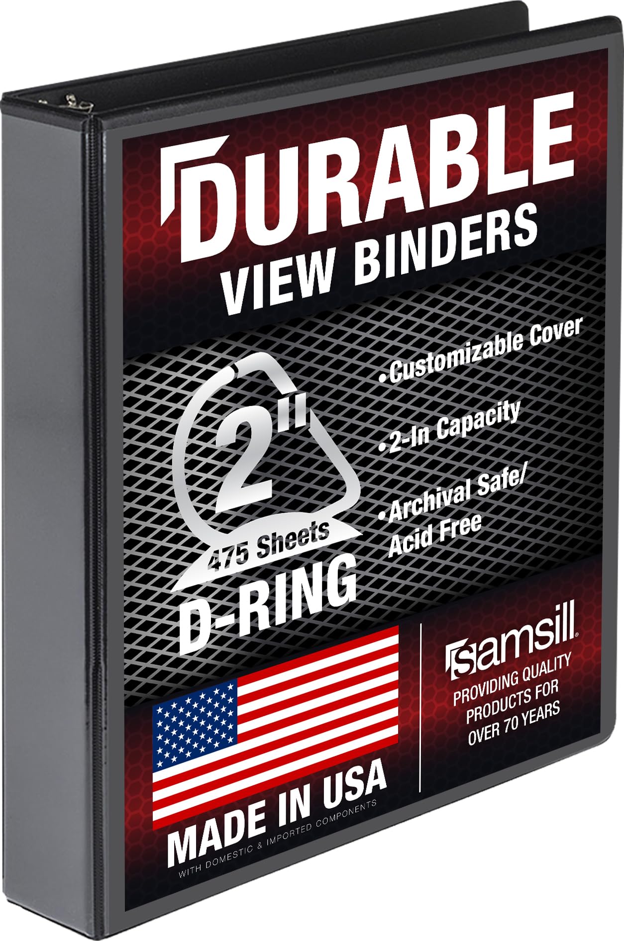Samsill Durable 2 Inch Binder, D Ring Binder, Customizable Clear View Cover, Charcoal Black, Holds 475 Pages
