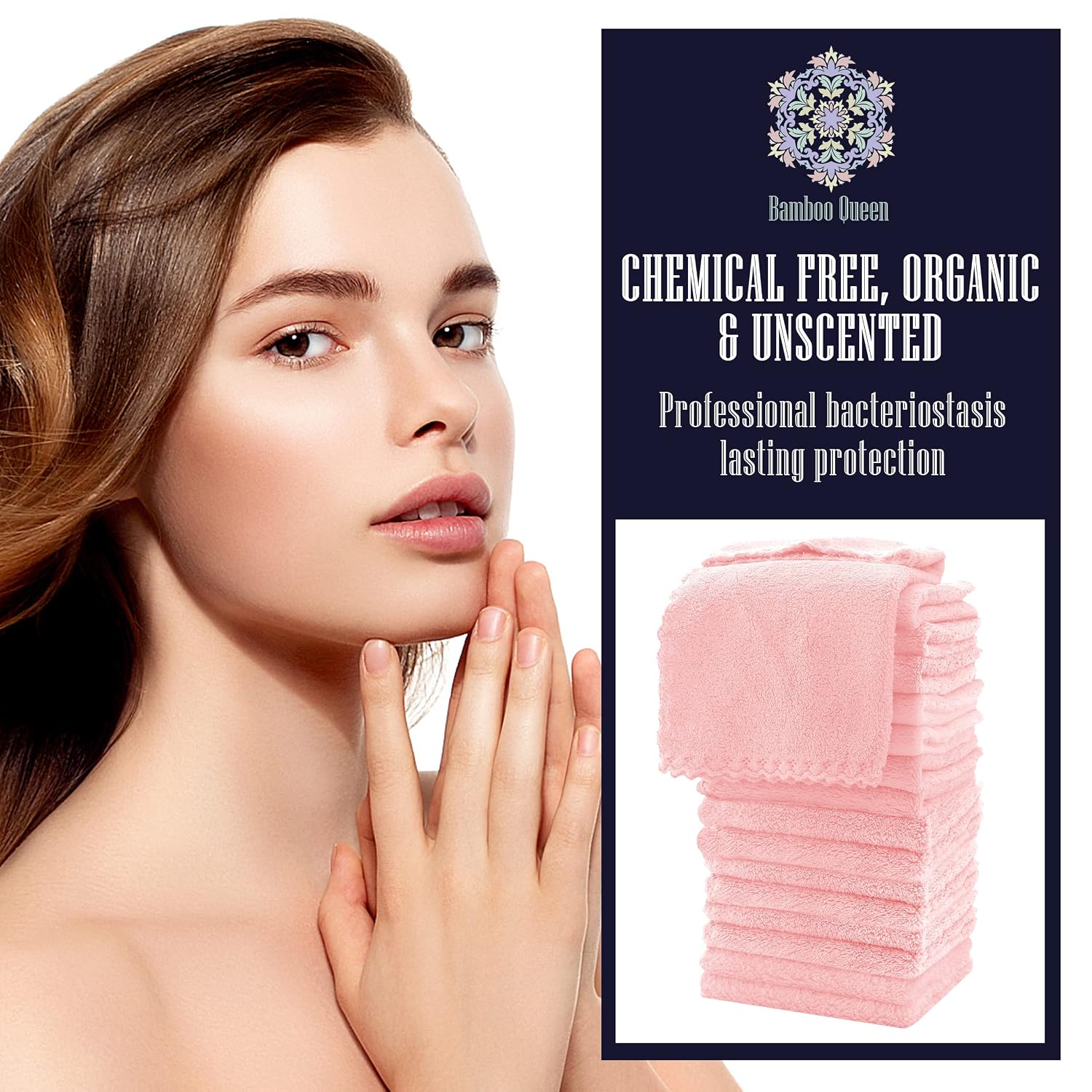 BAMBOO QUEEN 48 Pack Face Towels, Pink, 8x8 Inch (48 Pack,Box Set)