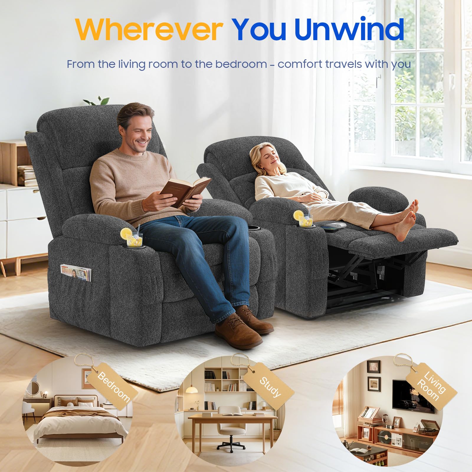 Sillón reclinable con función masaje y calefacción, sillón elevable para ancianos con puertos Type-C y USB, 4 bolsillos laterales, 2 portabebidas, sillón reclinable Rise para salón