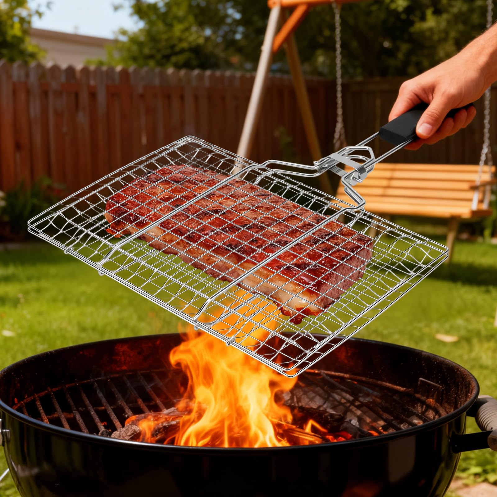 Lot de 2 paniers à barbecue pliables en acier inoxydable avec poignée amovible - 33,5 x 22 cm - Pour poissons, légumes