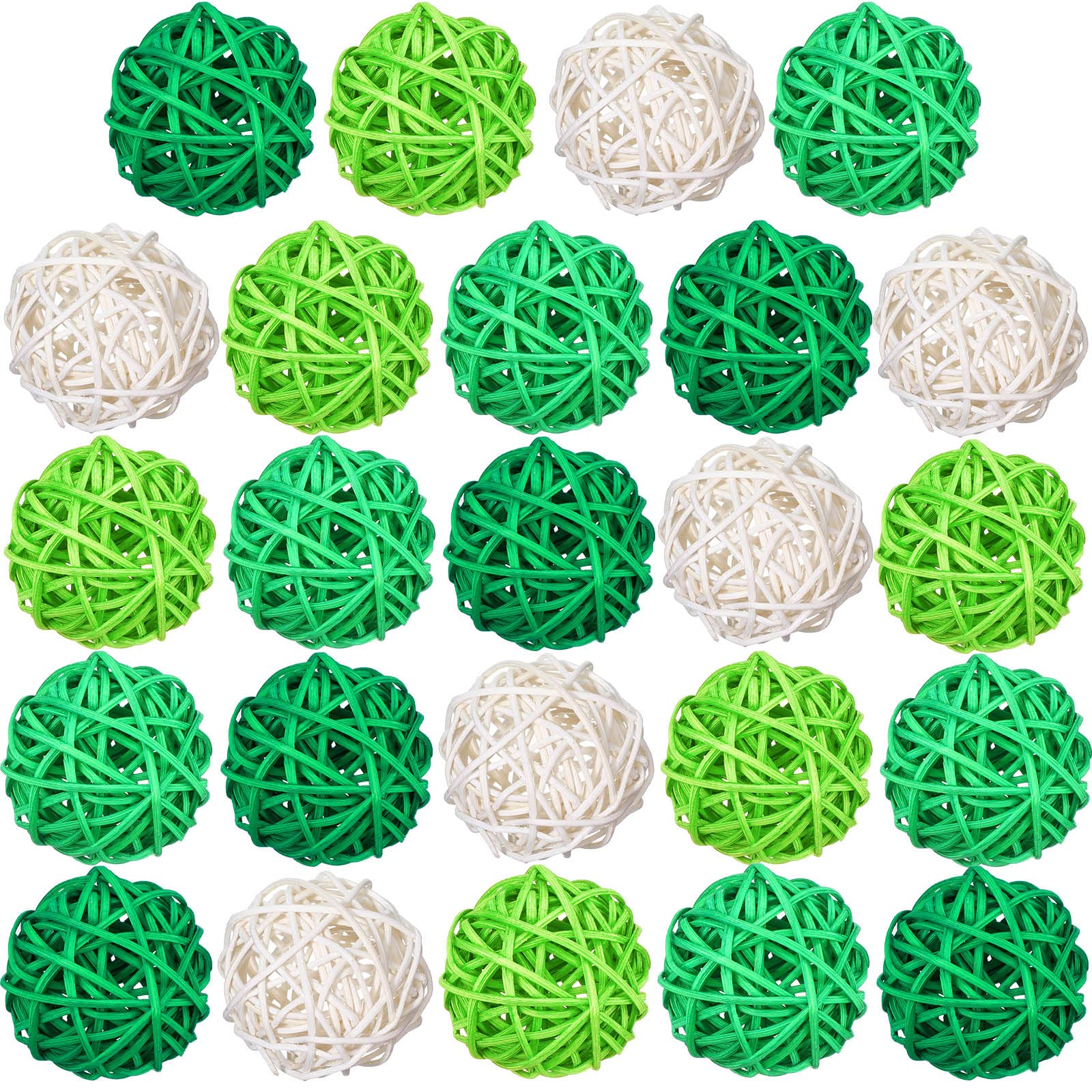 24 Pieces Wicker Rattan Balls Decorative Orbs 1.8 Inch St Patrick's Day Mixed White Green Ball Vase Filler Decorative Balls for Wedding Table Decor Valentine's, Green, Light Green, Dark Green, White