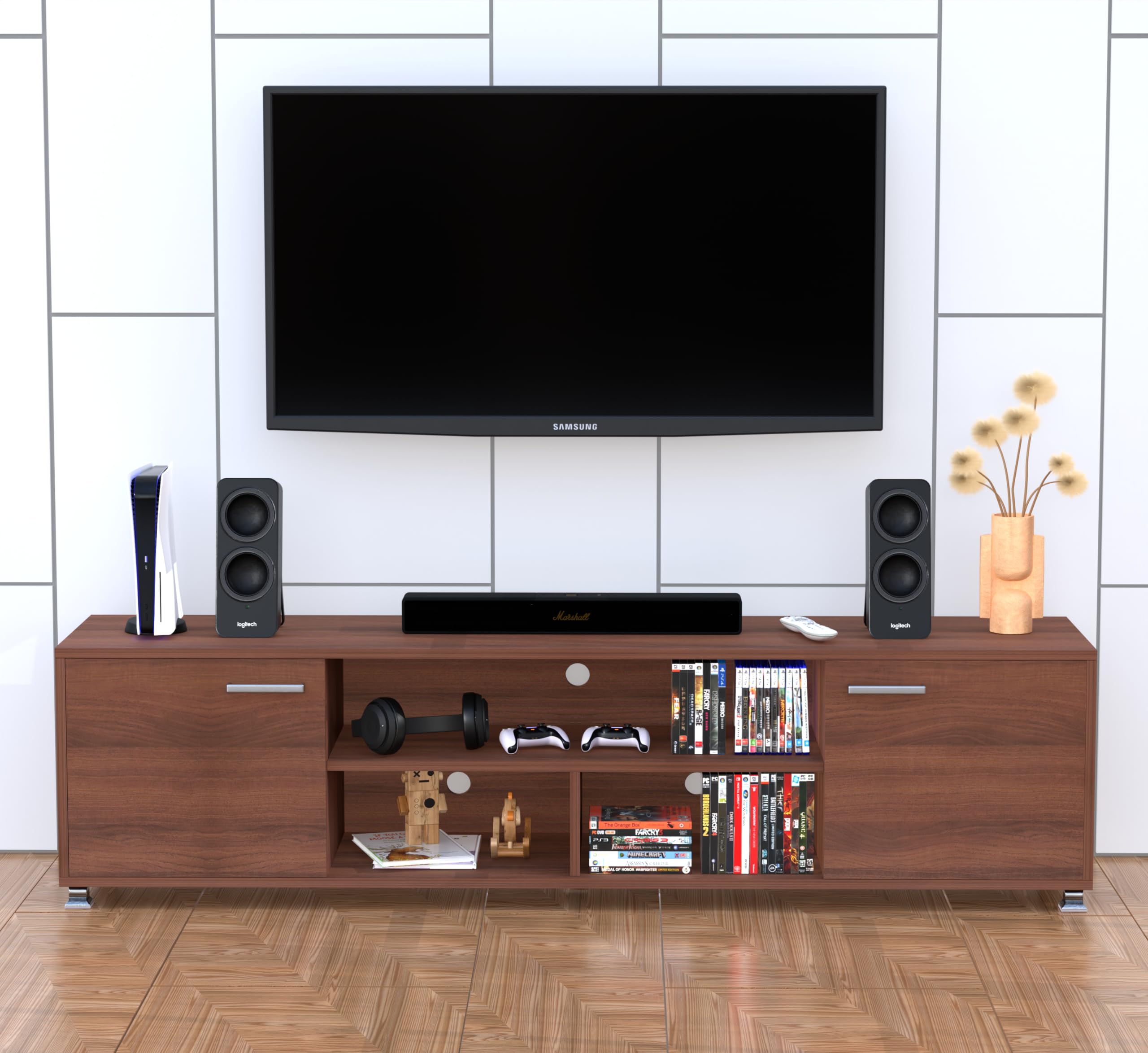 WoodExpress Engineered Wood TV Entertainment Unit with 2 Door & Shelf Storage | TV Cabinet with Shelves & Decor Display Unit for Living Room Home - Walnut Finish