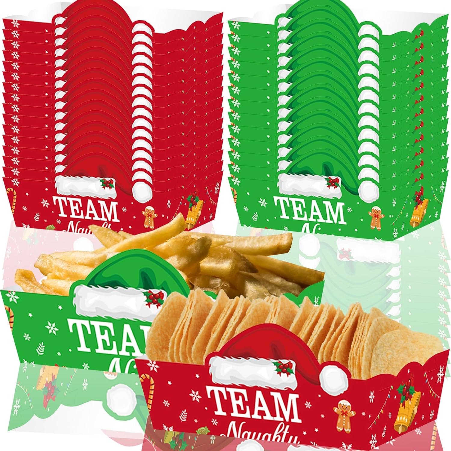 50 Pcs Merry Christmas Team Naughty Team Nice Party Supplies,Christmas Food Tray Naughty Nice Party Favors Paper Food Serving Tray Team Naughty Team Nice Paper Trays