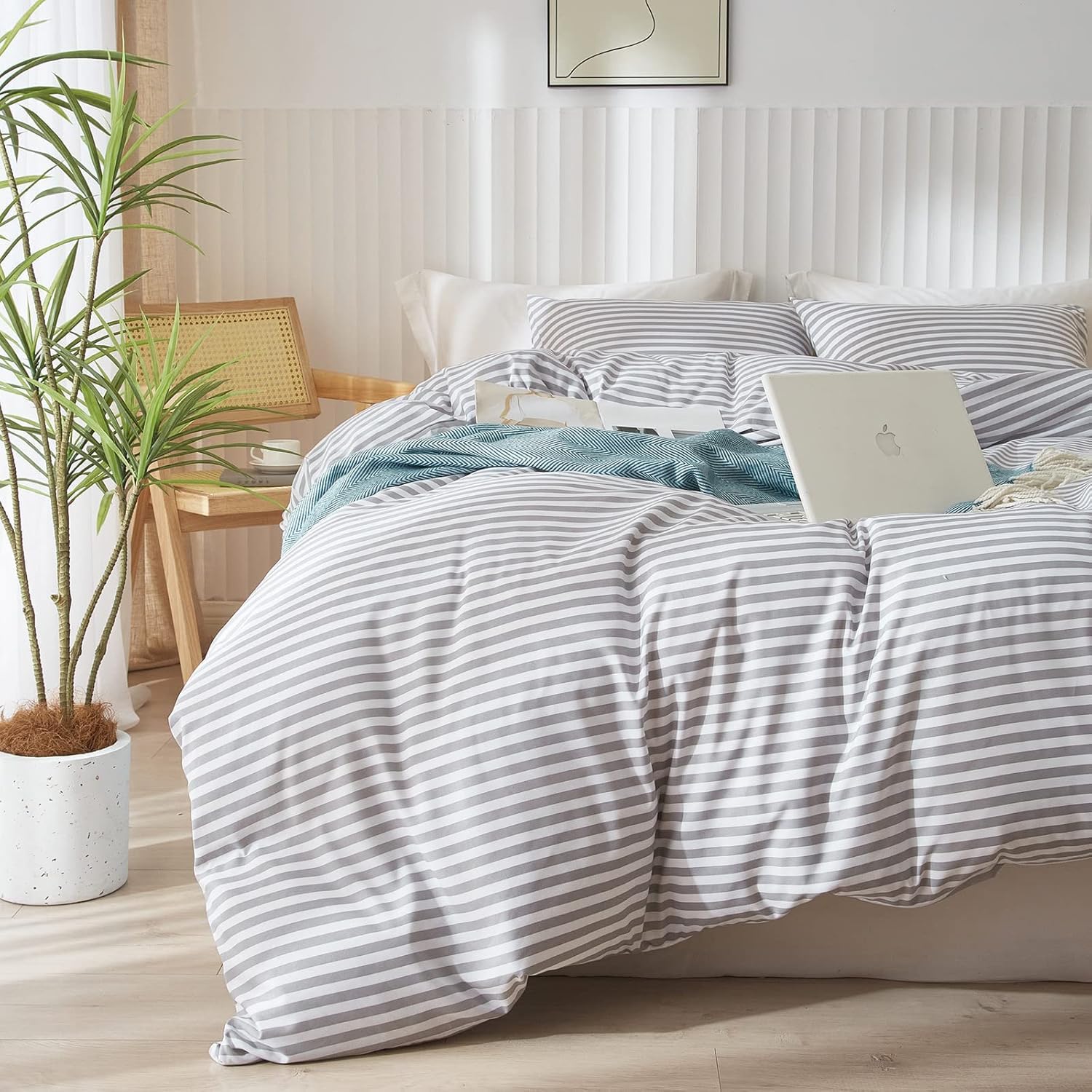 King Size Comforter Set 3 Pieces Striped Comforter Set King Modern Style Boho Bedding Comforter White Grey Stripes Pattern Comforter Set Fluffy