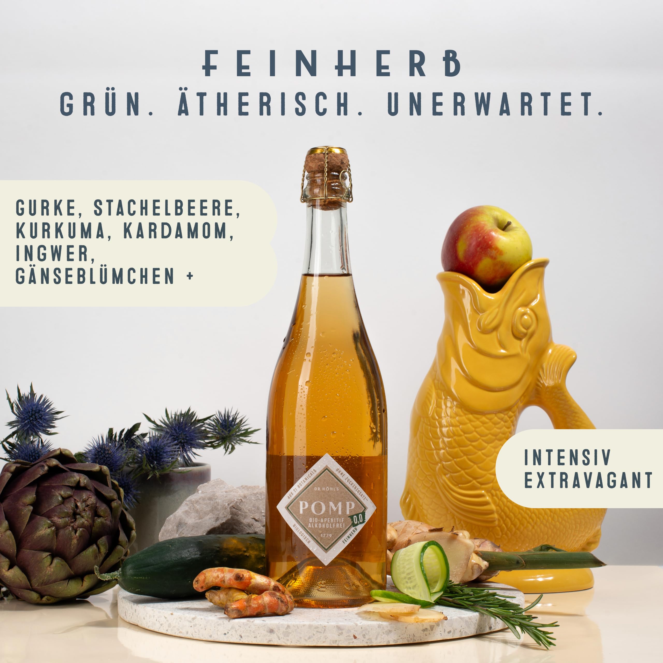 POMP 0,0 Cocktail und alkoholfreier Aperitif – 6 x 0,75 l Bio alkoholfrei – Gurke, Äpfel, Curcuma, Ingwer und mehr – Tonic Water Feinherb – ohne Alkohol, Sulfite & Zuckerzusatz – DR. HÖHL’S seit 1779