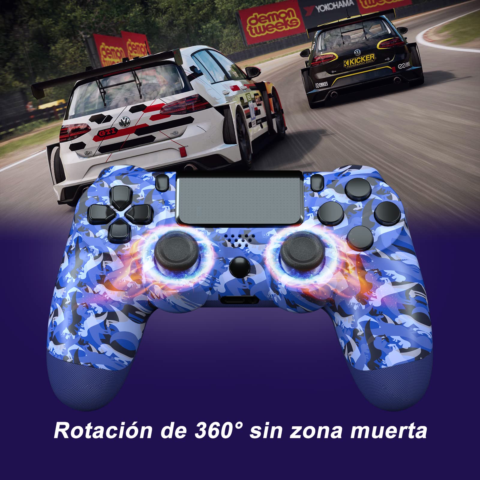 Mando de juegos compatible para Play4/Slim/Pro, mando con cable para PC con doble vibración, sensor giroscópico de 6 ejes y conector para auriculares (dinosaurios)