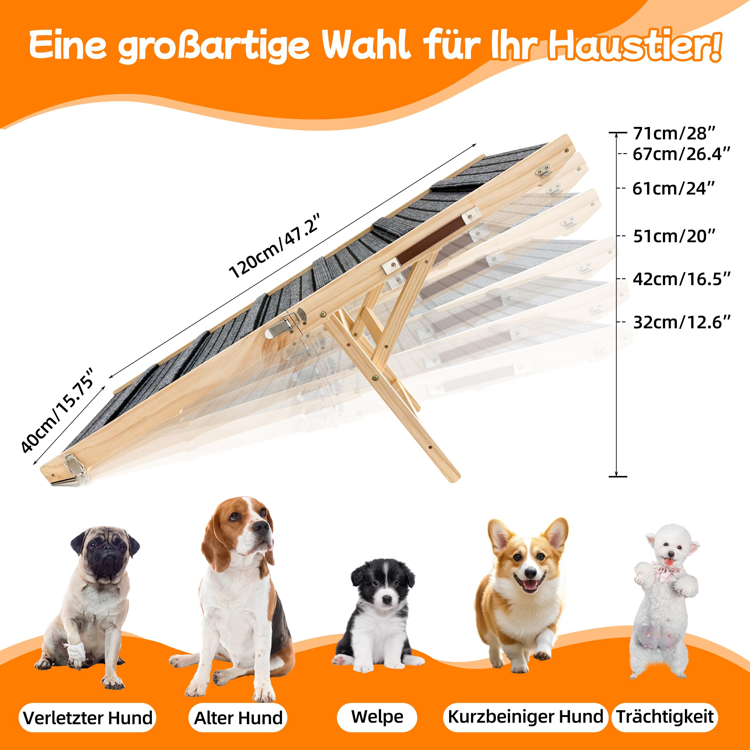 Hundrampe –rutschfest–extrabreite auffahrrampe，fhunderampe Auto klappbar mit Nahtloser Verbindung zur Plattform–belastbar bis zu 50kg – verstellbar,Sofa, Bett,Auto für Kleine Hunde(L)