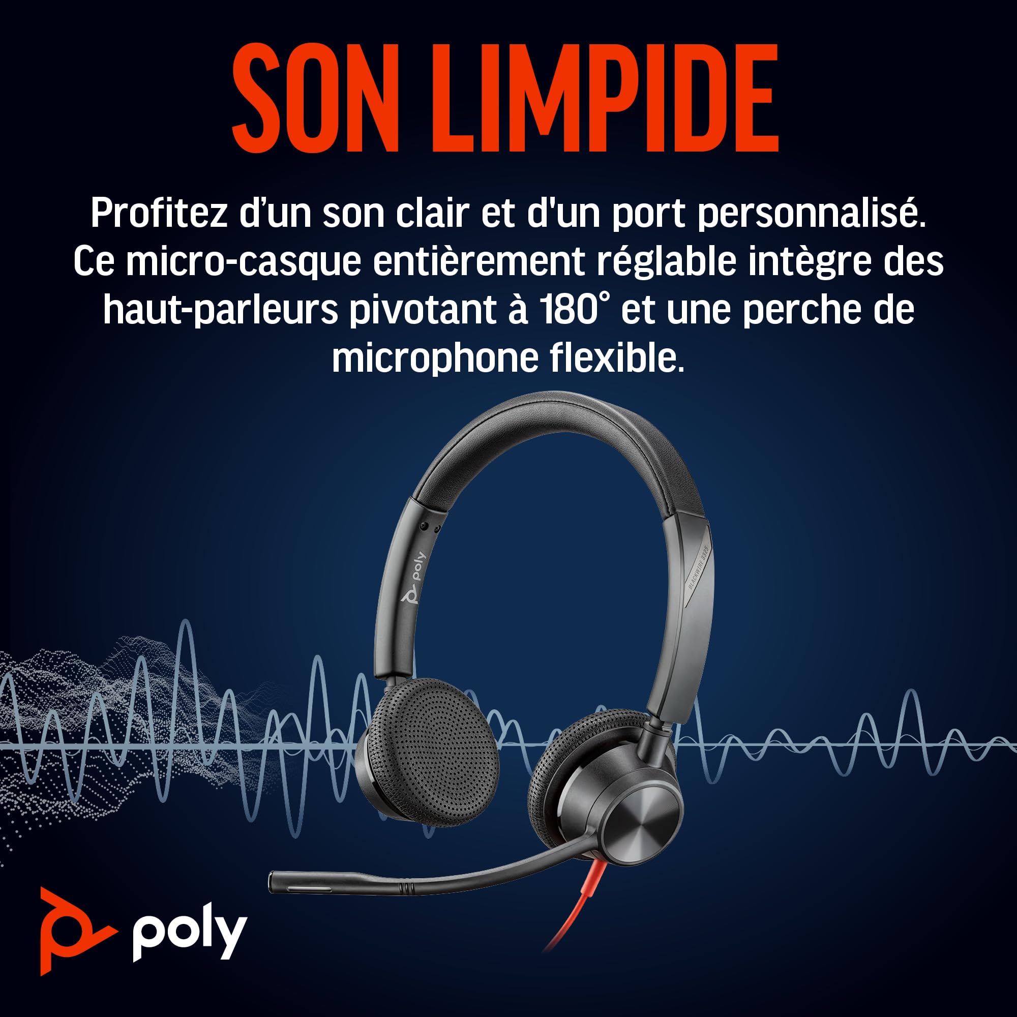 Micro-casque filaire Poly Blackwire 3325 – Perche de microphone flexible – Son stéréo hi-fi - PC/Mac/téléphone portable - Certifié pour Microsoft Teams