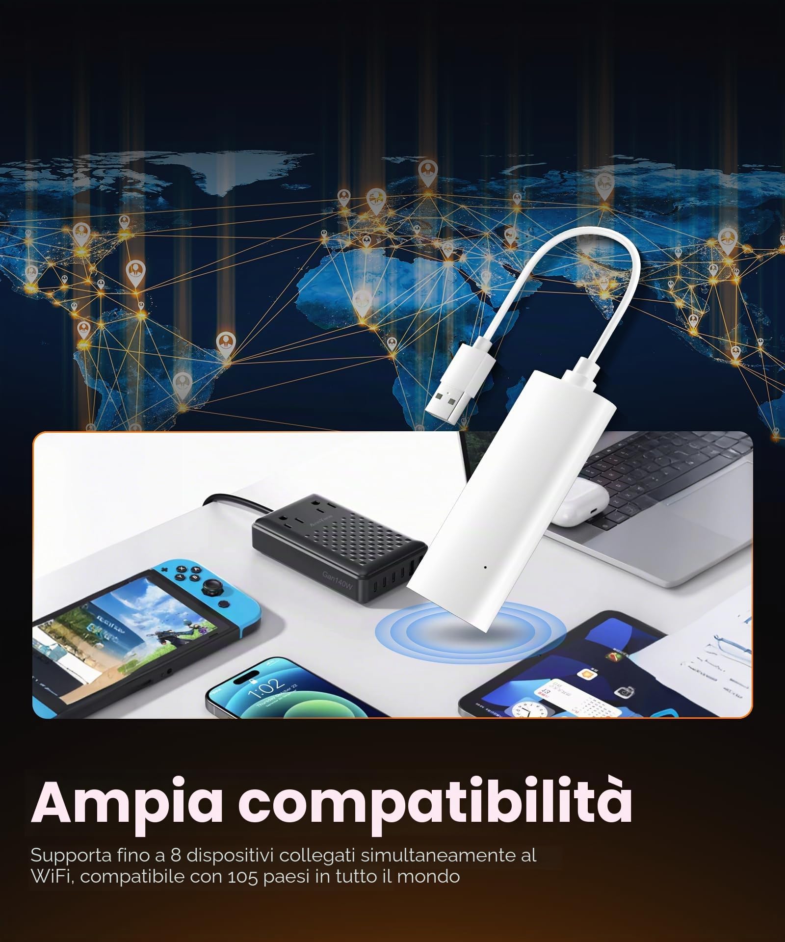 VECHTEL Hotspot WiFi Portatile Globale a 28 Bande con Commutazione Automatica Della Rete, WiFi 6, Porta USB e supporto per 8 Dispositivi-Terminale WLAN Wireless per Viaggi Veicoli Casa Ufficio Mobile