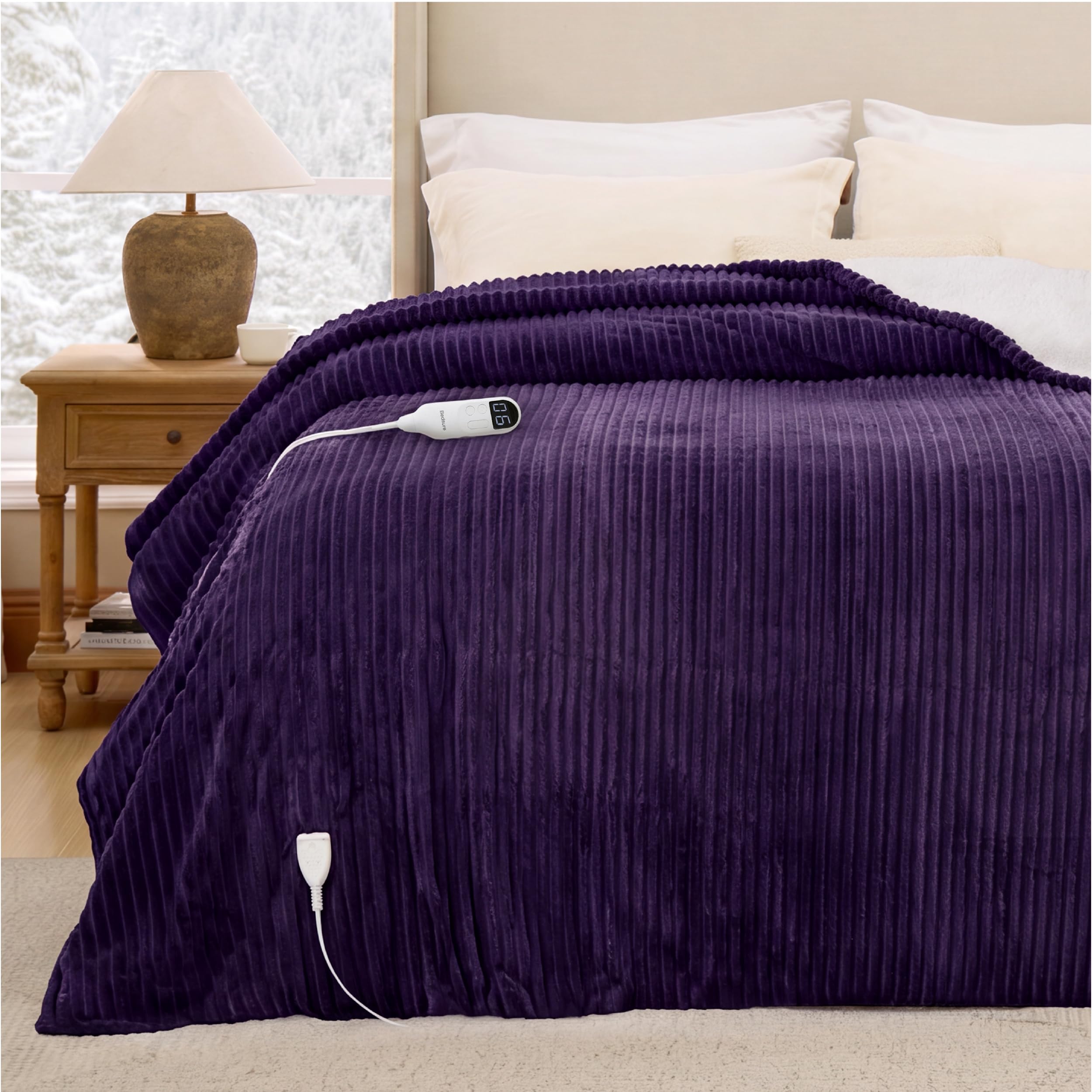 Bedsure Ribbed Electric Blanket Full, Purple Heated Blanket, Preheat