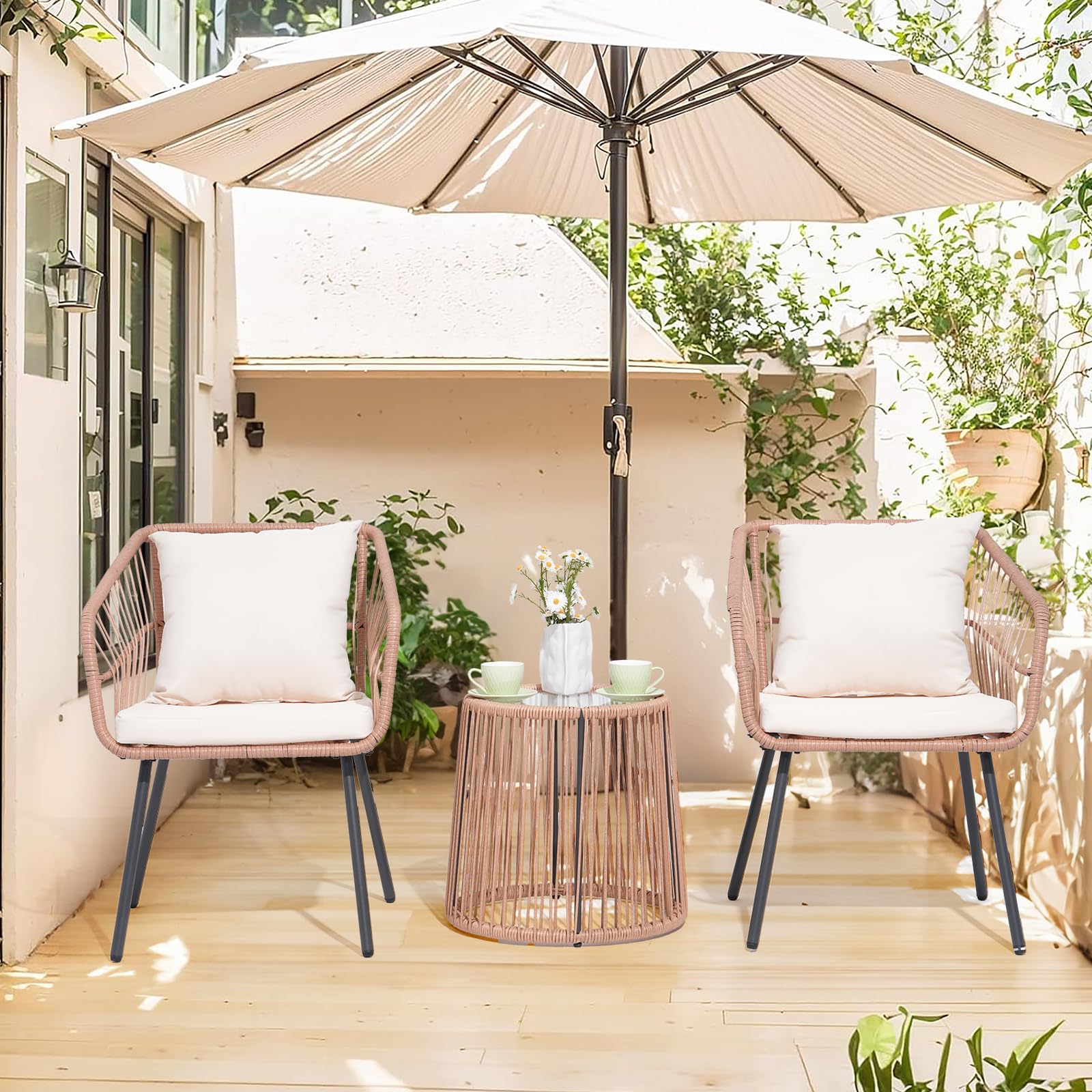 OC Orange-Casual Outdoor 3-TLG Balkon Set, Bistro Set, Rattan Gartenmöbel mit Kissen, Couchtisch mit Glastischplatte,Sitzgruppe für Garten, Balkon, Hinterhof, Natur