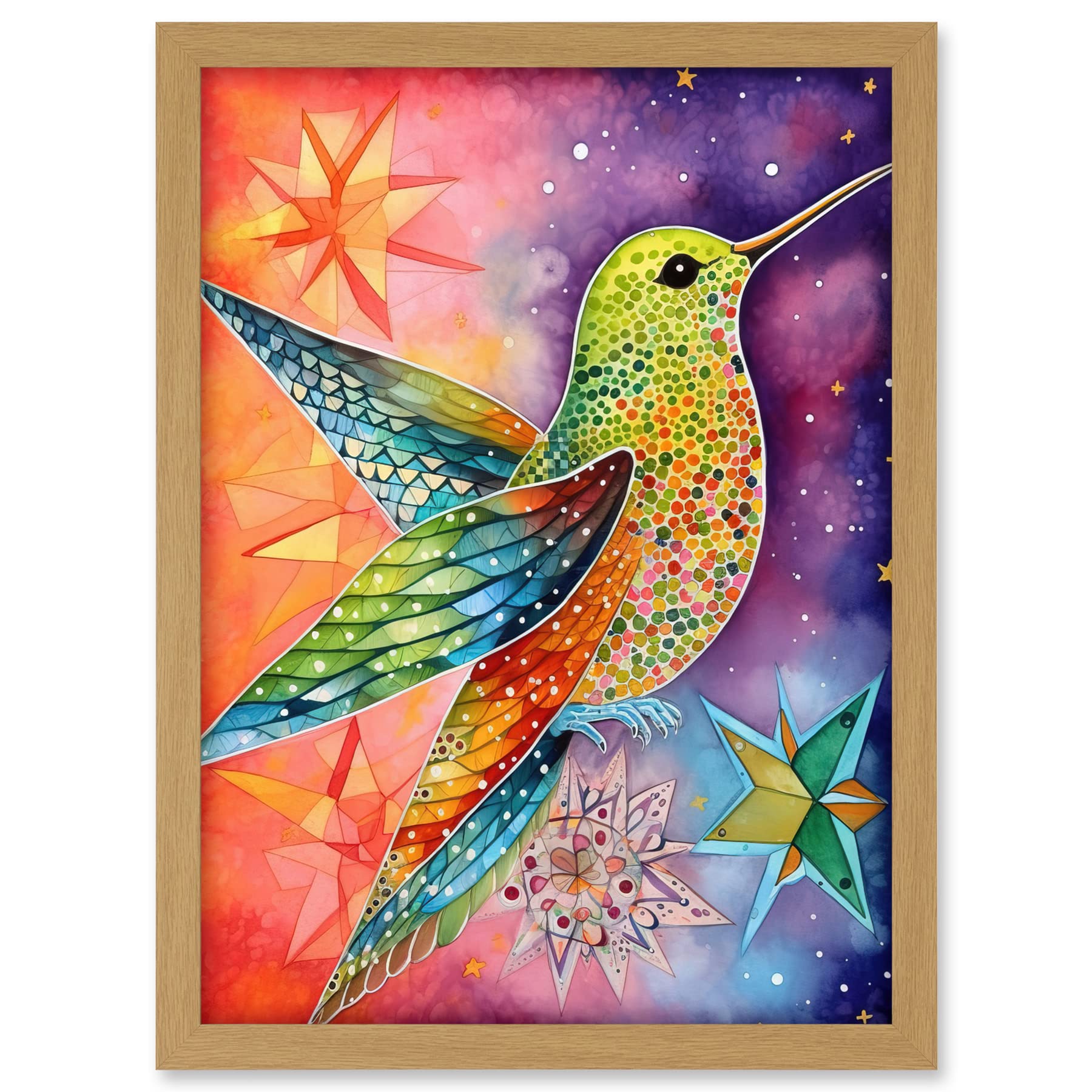 Artery8 Hummingbird In Vibrant Astral Field Folk Art Watercolour Painting Artwork Framed A3 Wall Art Print