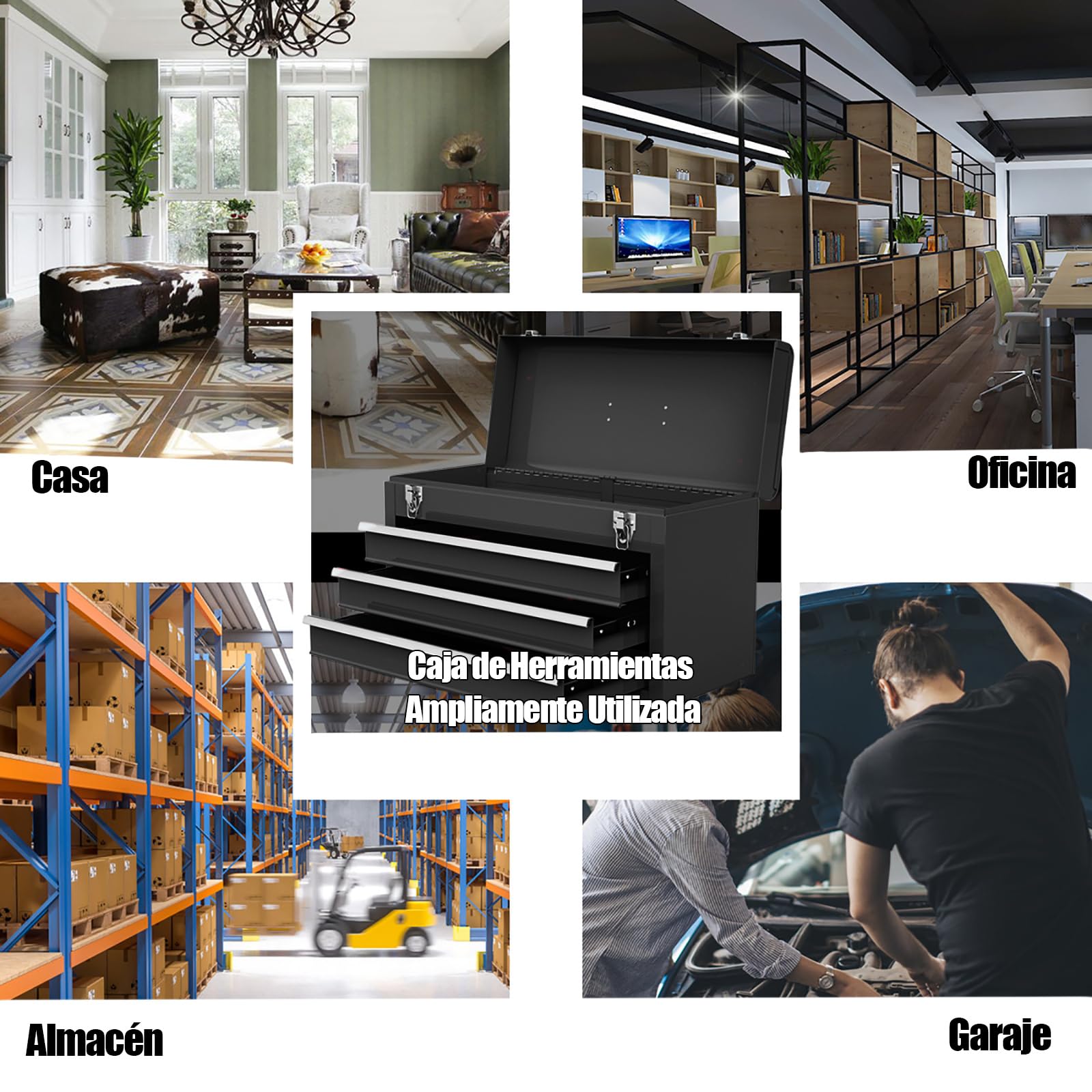COSTWAY Caja de Herramientas de Metal Portátil, Maletín de Herramientas con 3 Cajones y Bandeja de Almacenamiento Superior, Caja Herramientas con Sistema de Doble Pestillo y Asa (Negro)