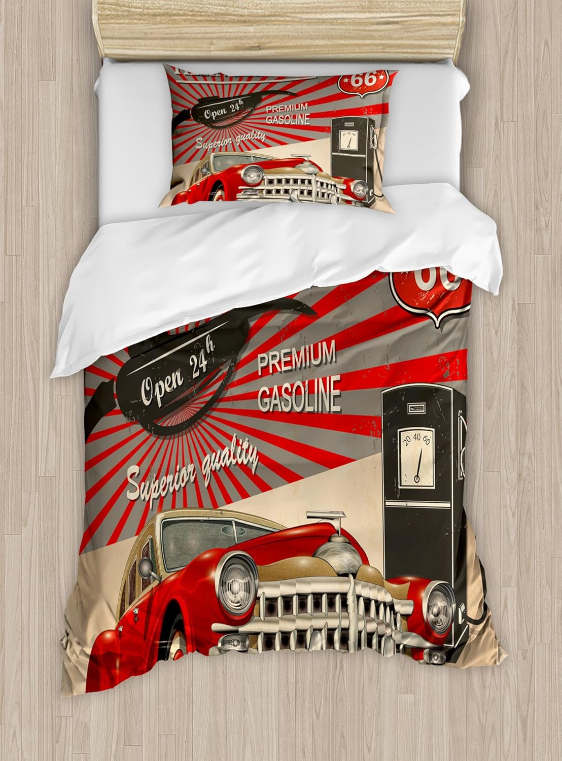 Ambesonne Cars Duvet Cover Set, Poster Style Image Gasoline Station Commercial Element Route 66 IllustrationPrint, Decorative 2 Piece Bedding Set with 1 Pillow Sham, Twin Size, Vermilion Beige Twin Vermilion Beige