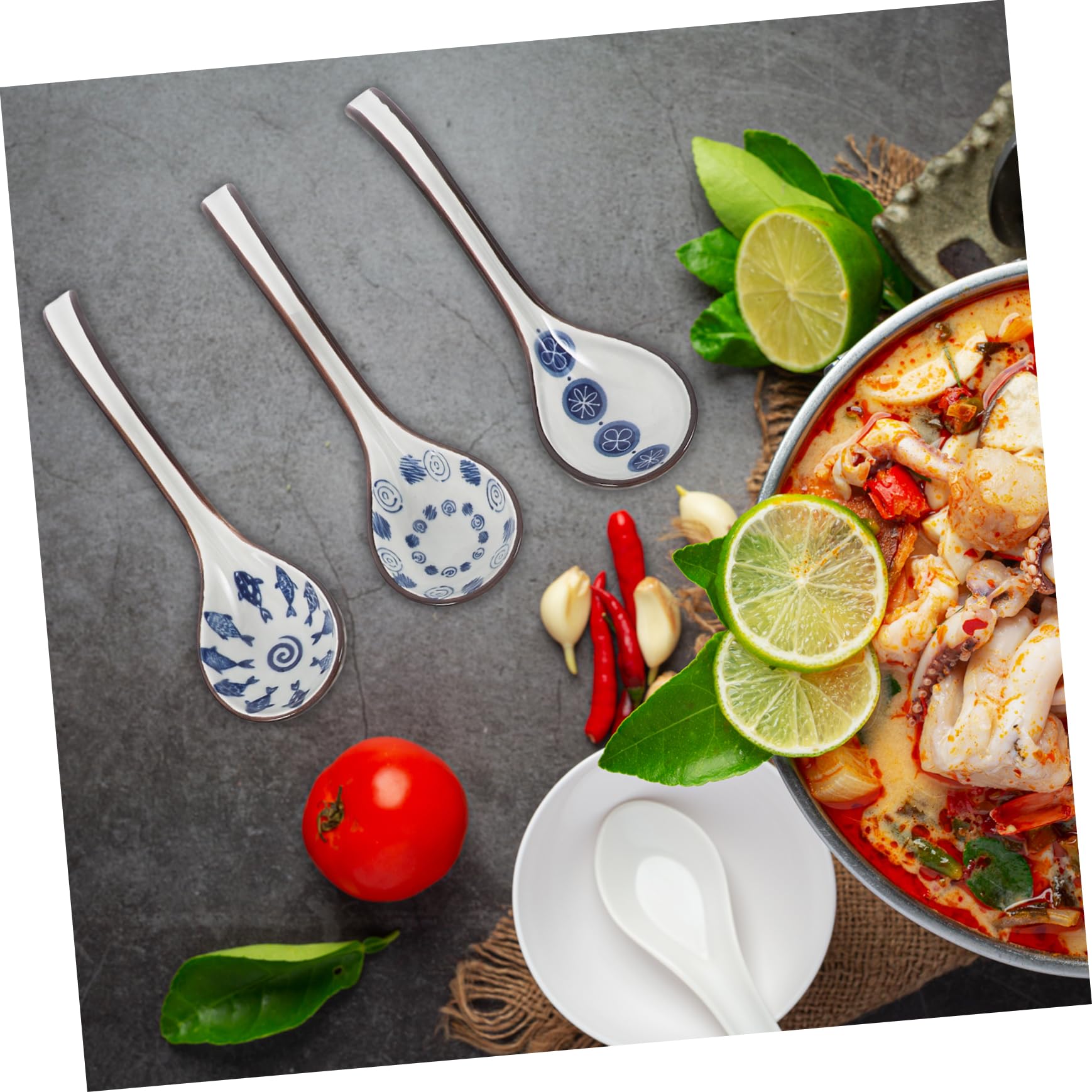 MAGICLULU Keramik Asiatische Suppenlöffel für Suppe und Reisgerichte Leicht zu Reinigen Klassisches Muster 6 Stück