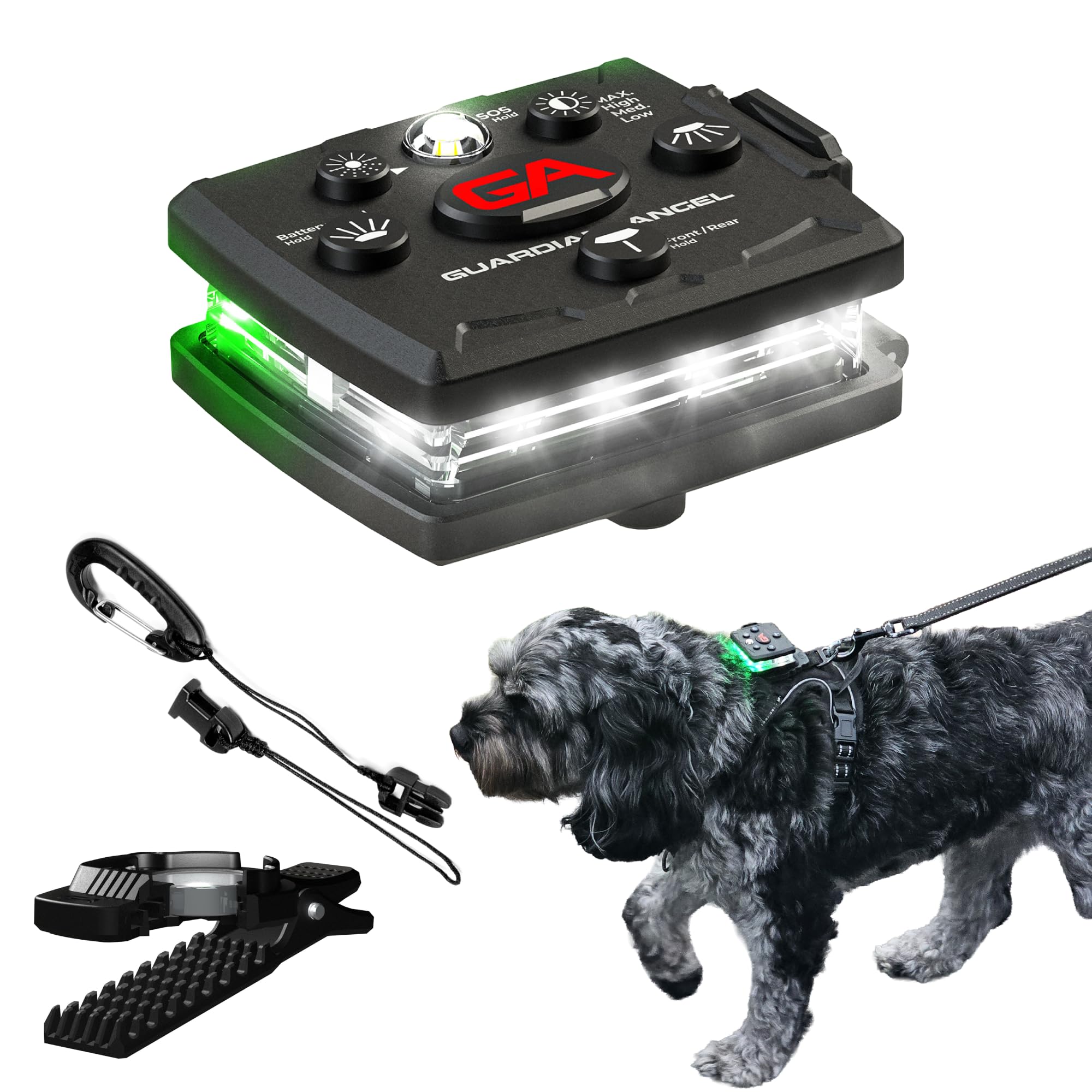 Guardian Angel Sicherheitslicht-Set für Hunde – Micro-Serie (weiß/grün) – lässt sich an Halsband, Leine oder Geschirr befestigen, Klein