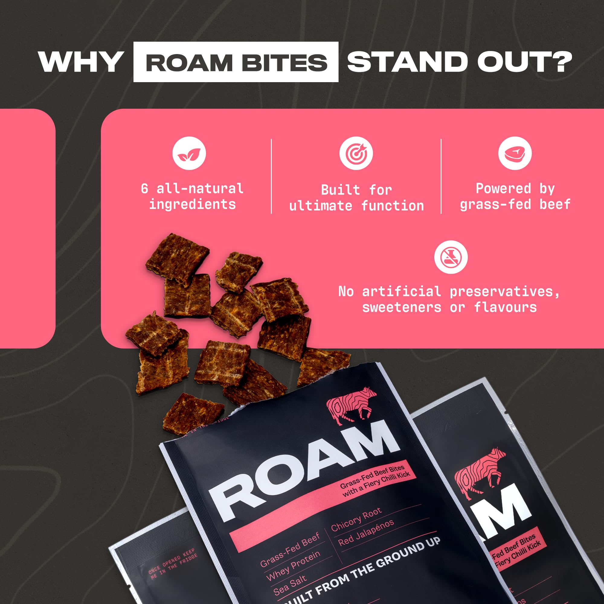 ROAM Natürliche Protein-Bites, Keto-Mahlzeitenersatz-Bites, 12 × 70 g Jalapeño-Chili-Rindfleisch-Bites & gesunde Snacks, ideal für die Carnivore-Ernährung, Keto-Sticks (Chili Beef Bites)
