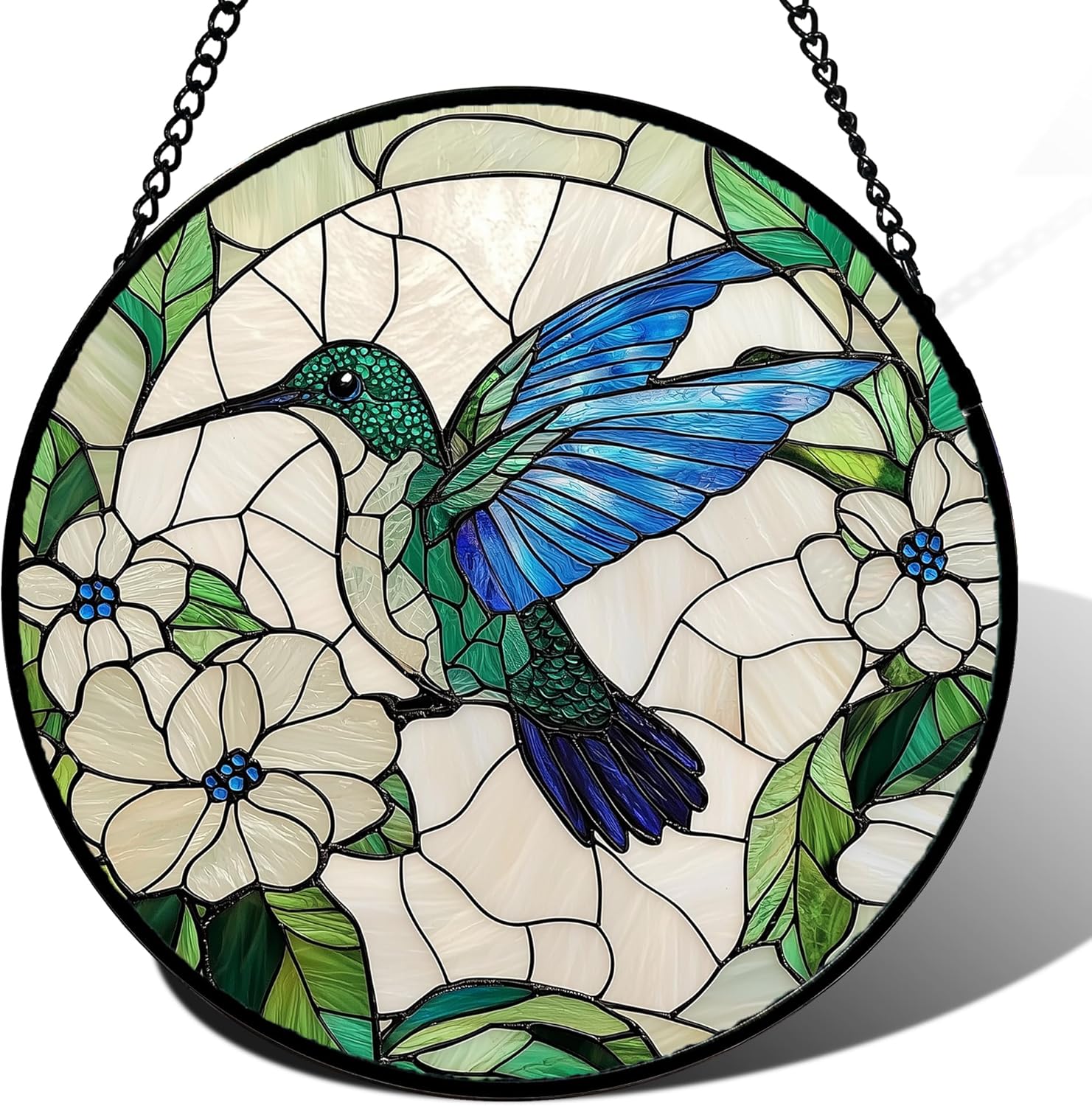 Stained Glass Window Hanging, Hummingbird Flowers Suncatcher for Doors Home Blue Bird Sun Catchers Decoration and Christmas, Mother's Day Birthday Gifts for Women, Men, and Mom 11.8x11.8 in
