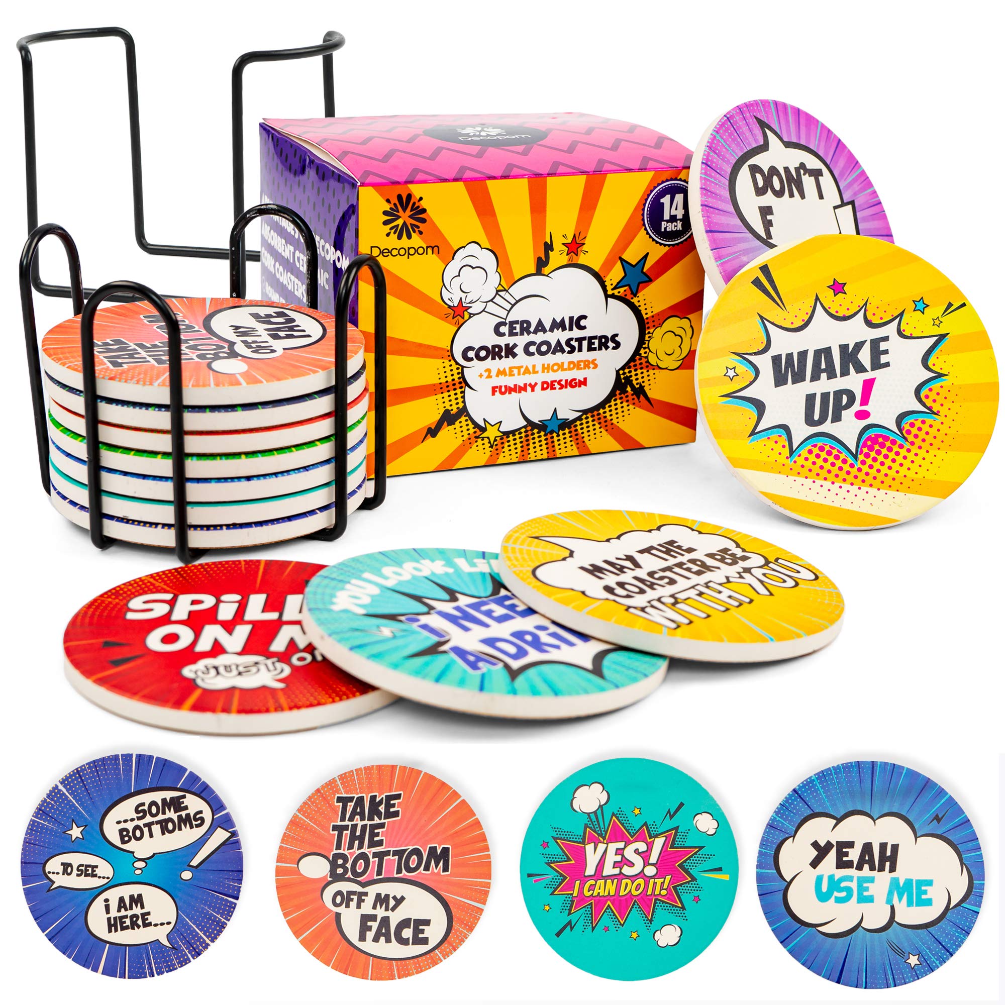 Decopom Drink Coasters Absorbent with Holders | 12 Set Absorbent Funny Ceramic Coasters and Cool Holders with Plug Back | Personalized Charming Marble Coaster with Sense of Humor for Table Bar Glass