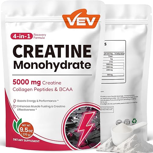 VEV Monohidrato de creatina en polvo de 5000 mg con colágeno y BCAA 211 - Creatina para mujeres, apoya la definición muscular, la recuperación, la