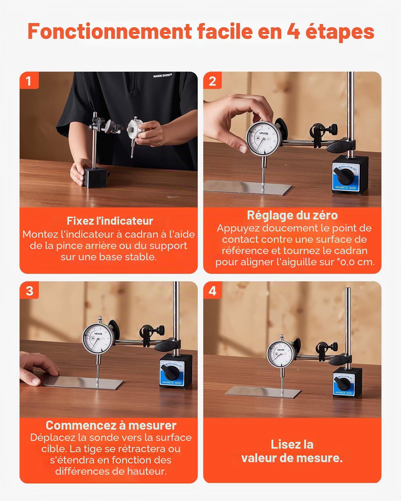 VEVOR Indicateur de Test à Cadran Gradué en pouces, Précision 0,03 mm, Plage de Mesure de 0 à 25,4 mm, Comparateur à Grand Cadran Professionnel pour Mesure du Diamètre Intérieur, Détection Faux-rond