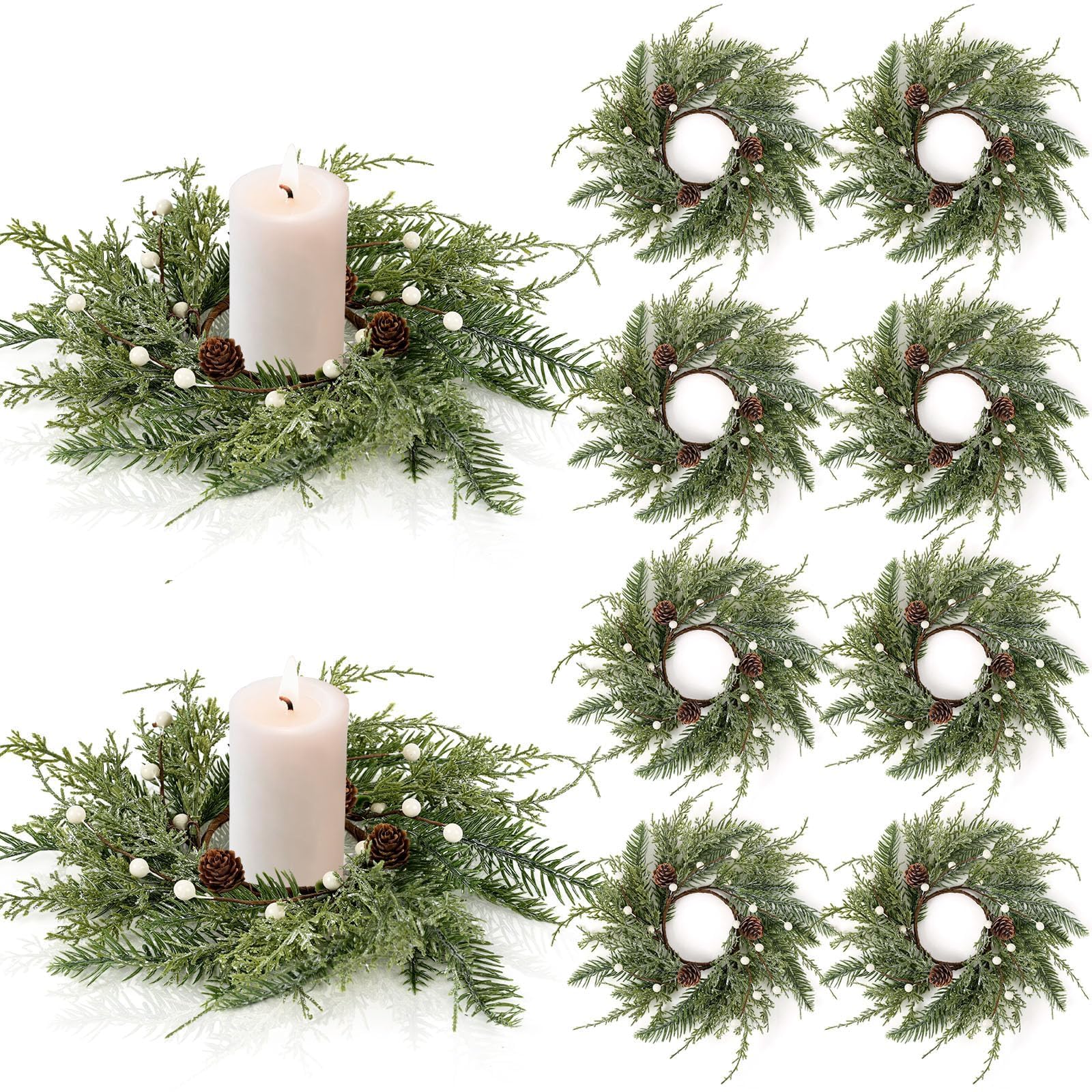 8 PCS Christmas Wreath Candle Rings Mini Wreath Pine Garland Artificial Frosted Cedar and Pine Cone Candle Rings Holder for Christmas Wedding Home Table Centerpiece Door Window Chair Wall