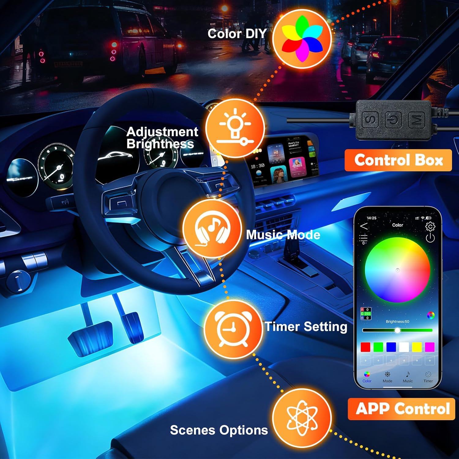 Car Led Interior Lights, RGB Truck Interior Lights with App Control, Under Dash Footwell Automotive Led Light Strip, Car Ambient Lighting for SUV(1set)