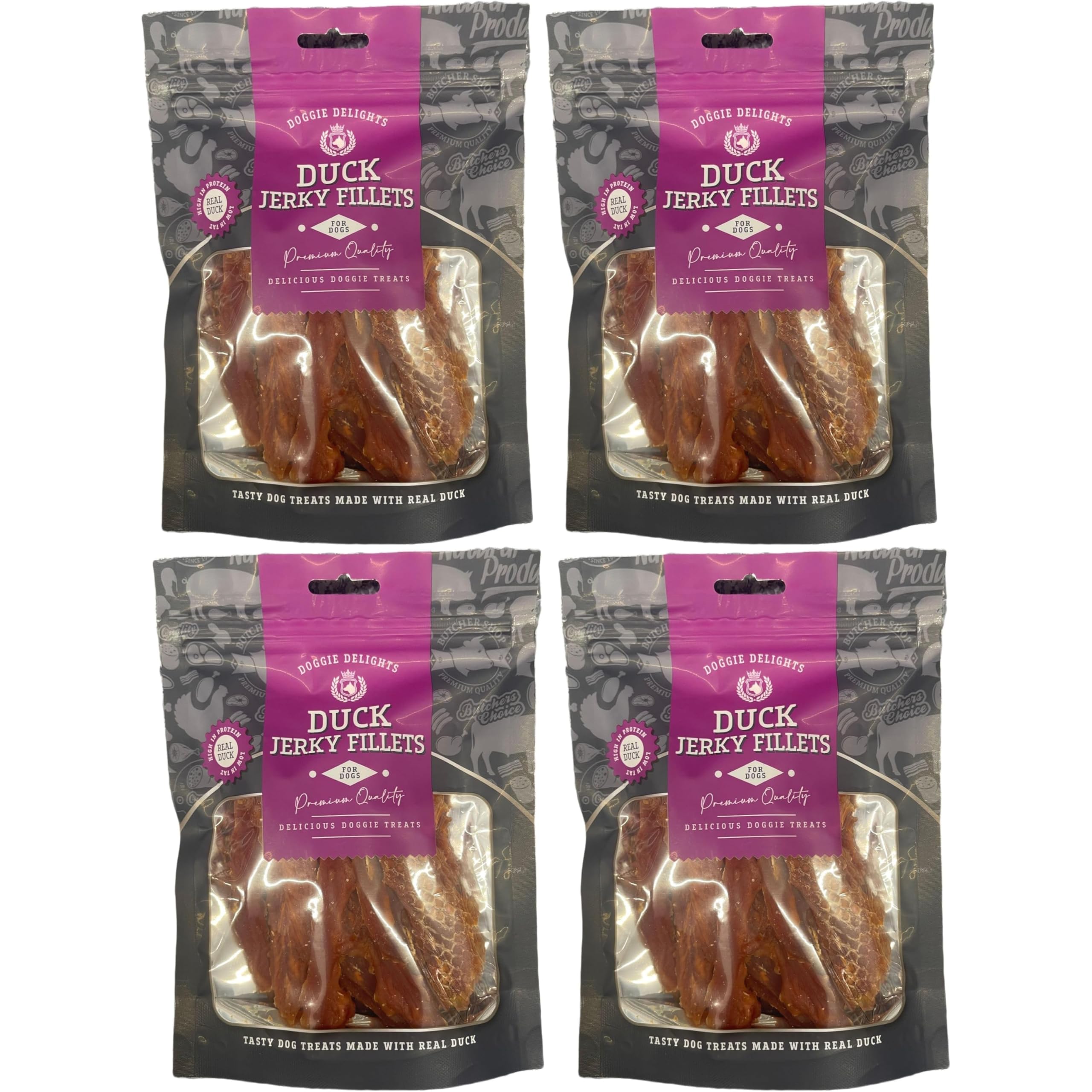Doggie Delights Dog Treats Premium Quality Delicious Doggie Healthy Treats For Dogs Low in Fat Real High In Protein Pack of 4 x 160g (Duck Jerky Fillets)
